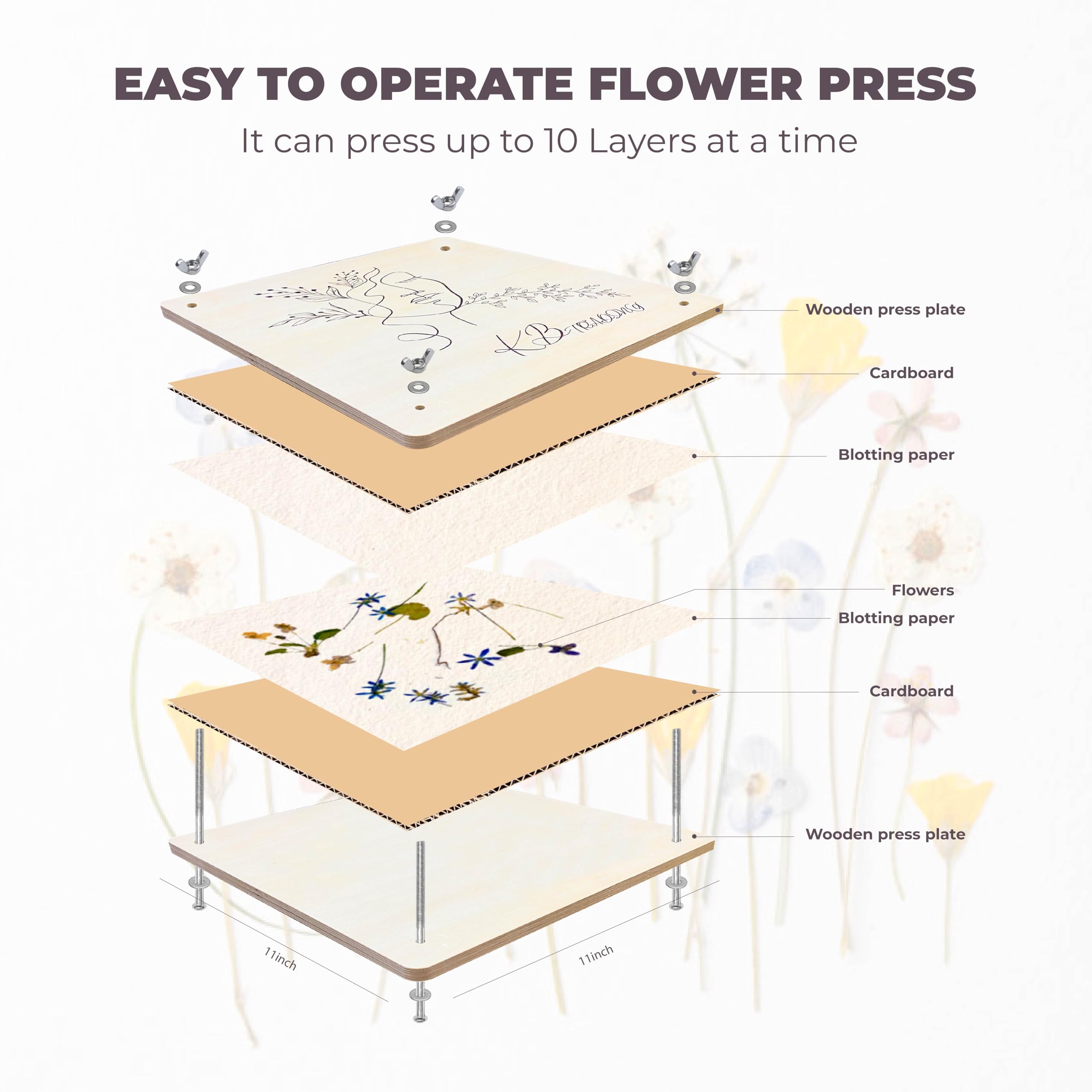 KBTrading Large Wooden Flower Press - 11x11 Inch, 10 Layers - DIY Botanical Press Kit for Adults & Kids with Storage Bag - Perfect for Herbarium, Scrapbooking & Nature Crafts