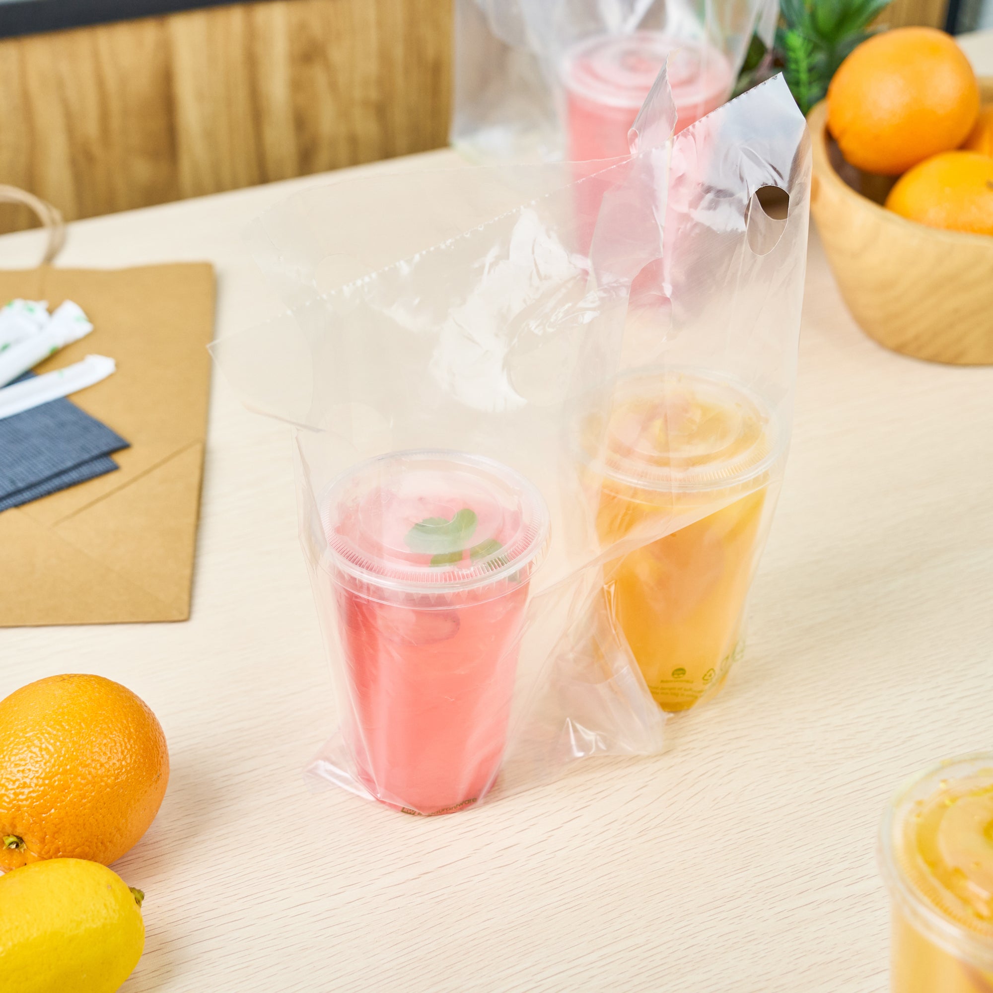 Eco-Friendly Clear Plastic Drink Carrier Bag - Holds 2 Cups, Biodegradable & Durable (12.5