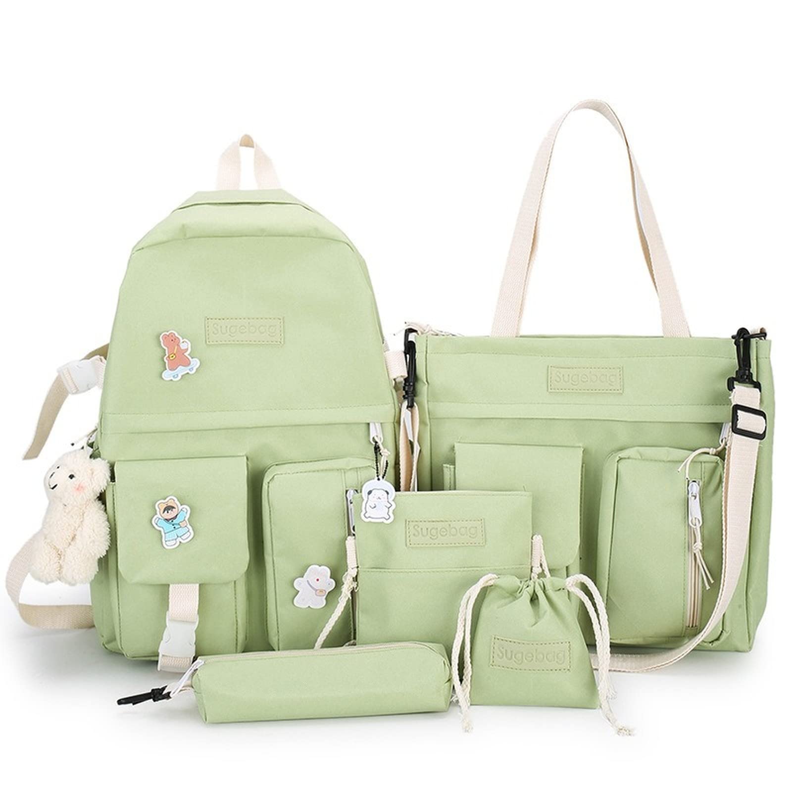 5Pcs Kawaii Cute Backpacks Set with Bear Charm & Enamel Pins - School Backpack Combo for Girls, Cottagecore Aesthetic Bookbag with Pencil Case (Green) | Perfect for School, Travel & Kawaii Fashion Accessories
