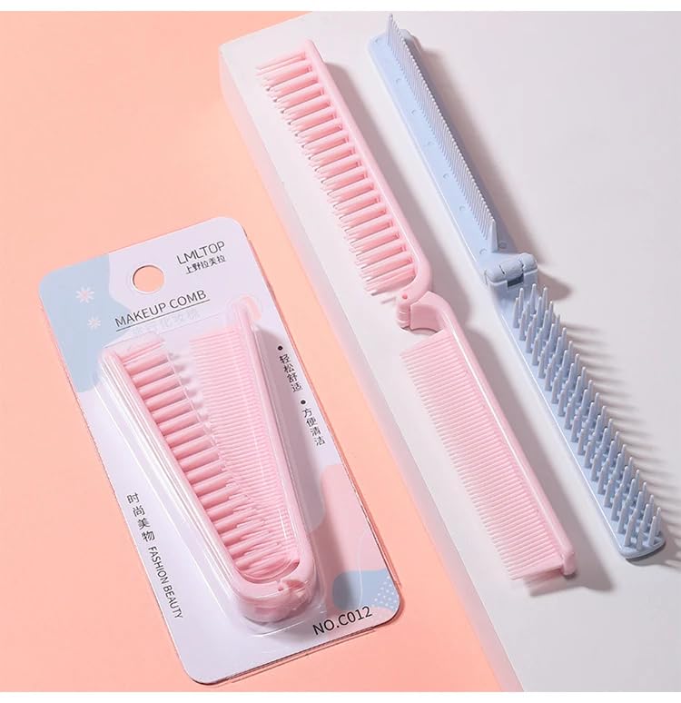 2 in 1 Folding Hair Brush & Comb - Double Headed Massage Plastic Portable Travel Hairbrush for Men & Women - Perfect for Travel, Gym, Purse & On-the-Go Styling