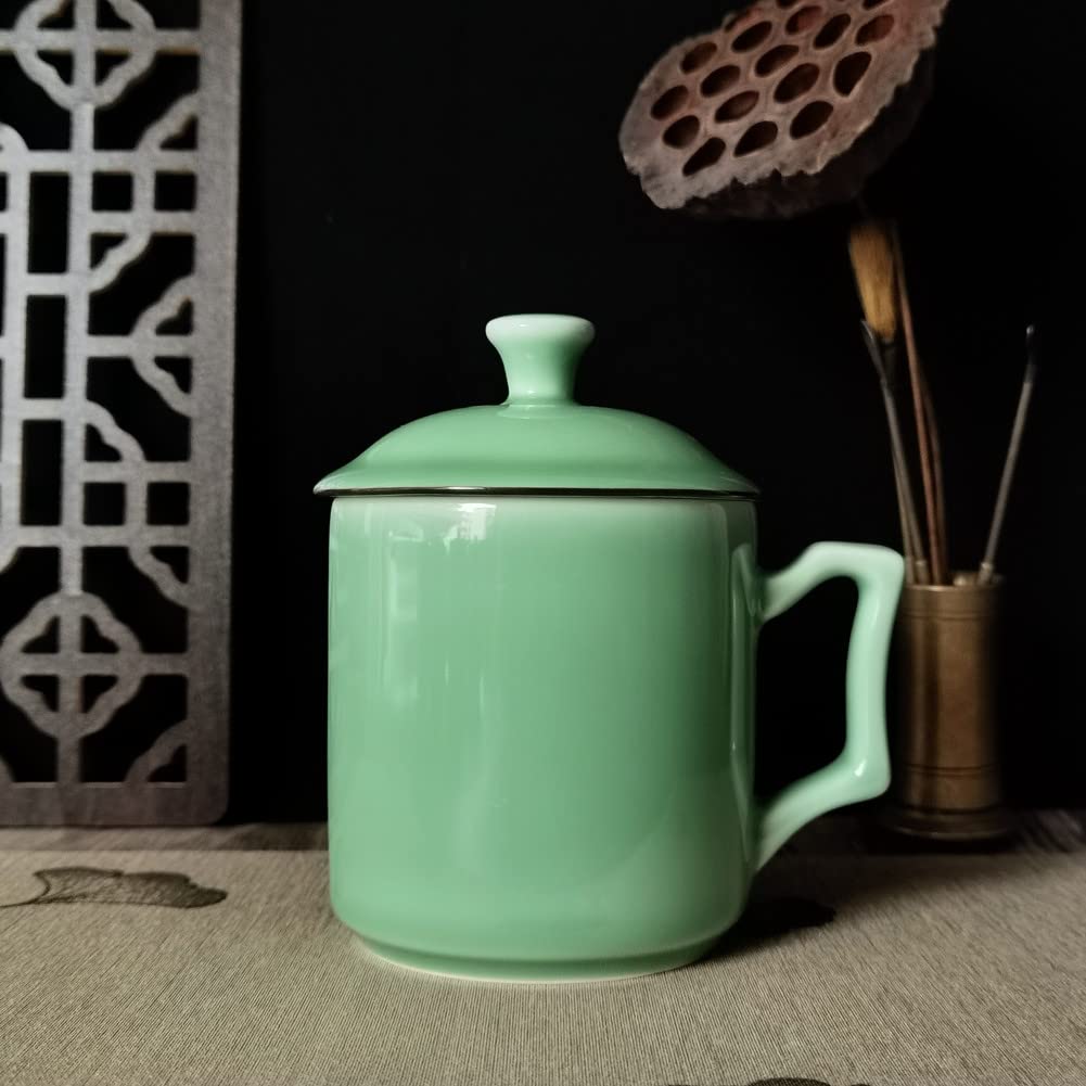Premium 16-Oz Celadon Green Porcelain Teacups with Lids - Microwave & Dishwasher Safe Coffee Mugs - Elegant Tea Drinking & Coffee Brewing for Home, Office or Gifts (Green-001)