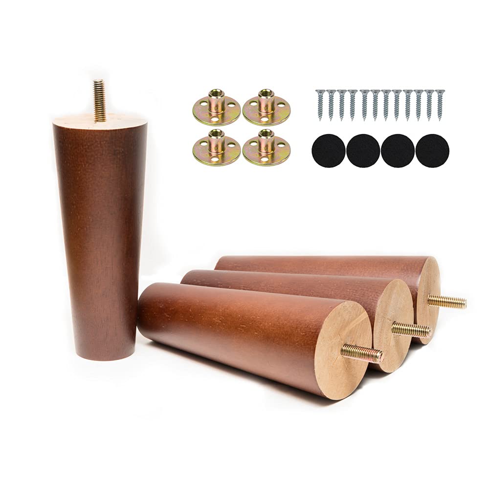 Maricome 6 Inch Wooden Furniture Legs - Set of 4 Replacement Cabinet, Couch & Sofa Legs with M8 Bolts - Mid Century Modern Walnut Finish for Living Room, Bedroom & Office Furniture Upgrade