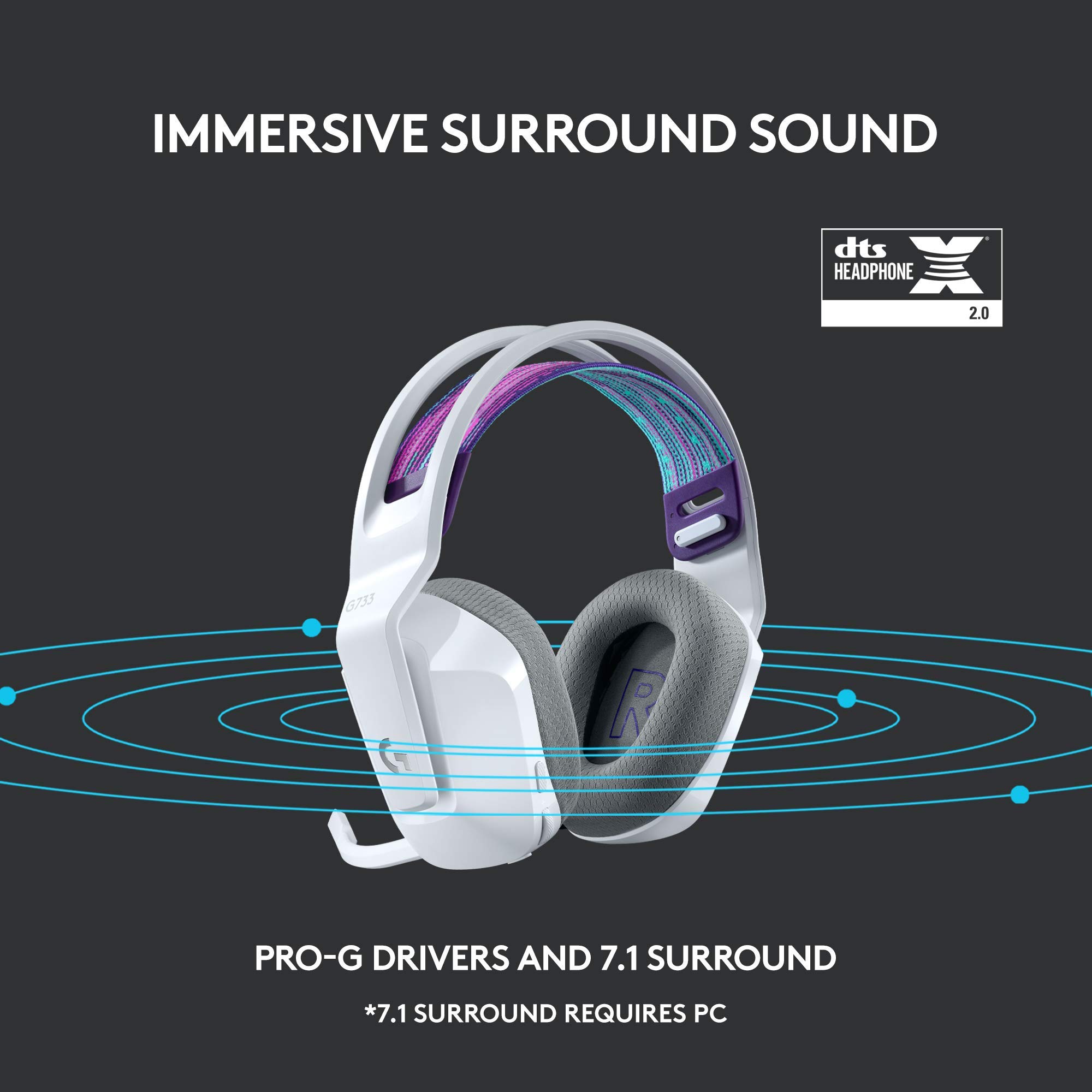 Logitech G733 LIGHTSPEED Wireless Gaming Headset with Suspension Headband, LIGHTSYNC RGB, Blue VO!CE Mic Technology & PRO-G Audio Drivers - White | PC, PS5, Xbox Series X|S Compatible for Immersive Gaming & Streaming