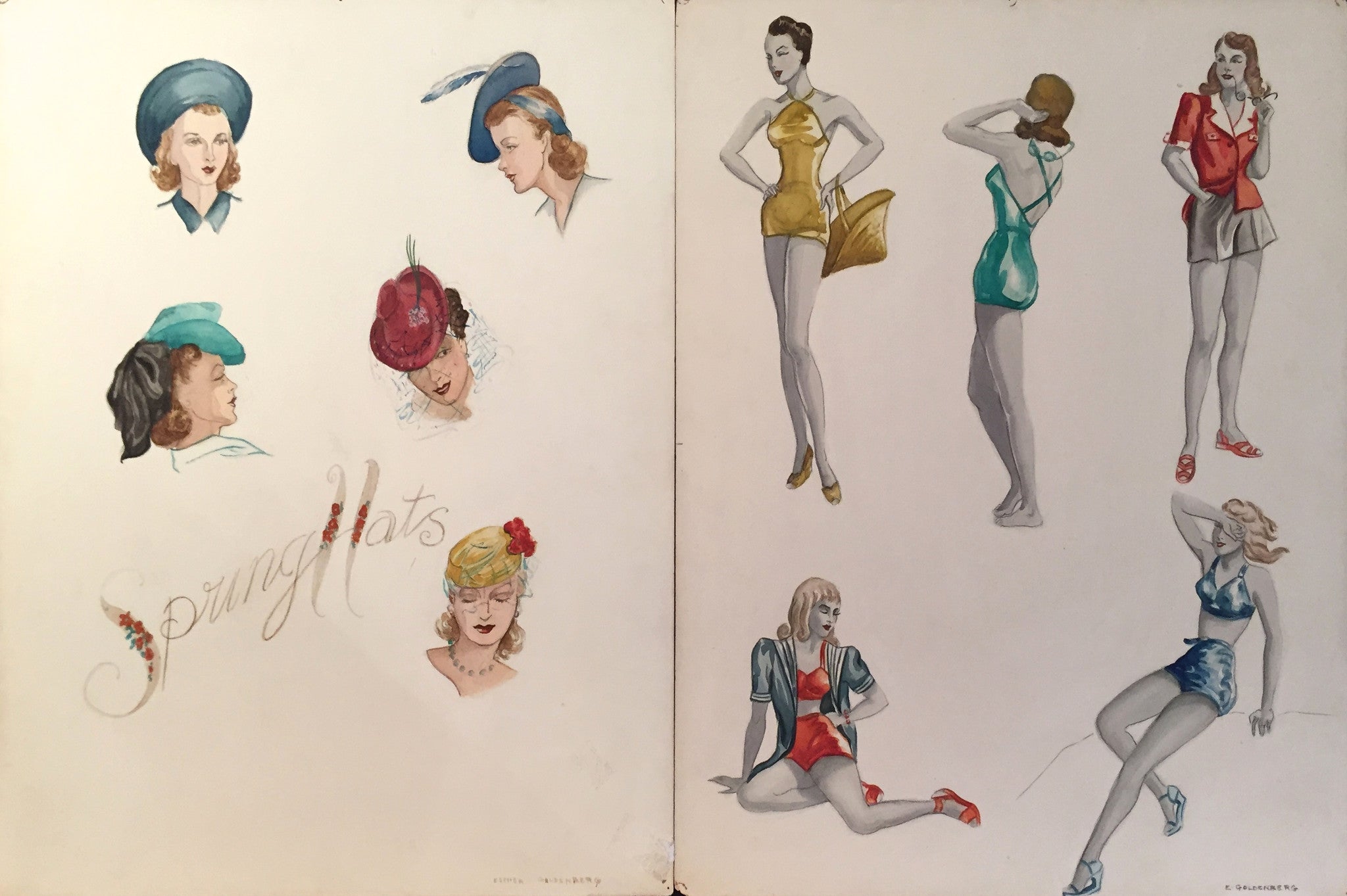 Vintage 1940s Original Ladies Fashion Illustration - Spring Hats by Goldenberg | Retro Wall Art Decor for Home, Office & Fashion Studios
