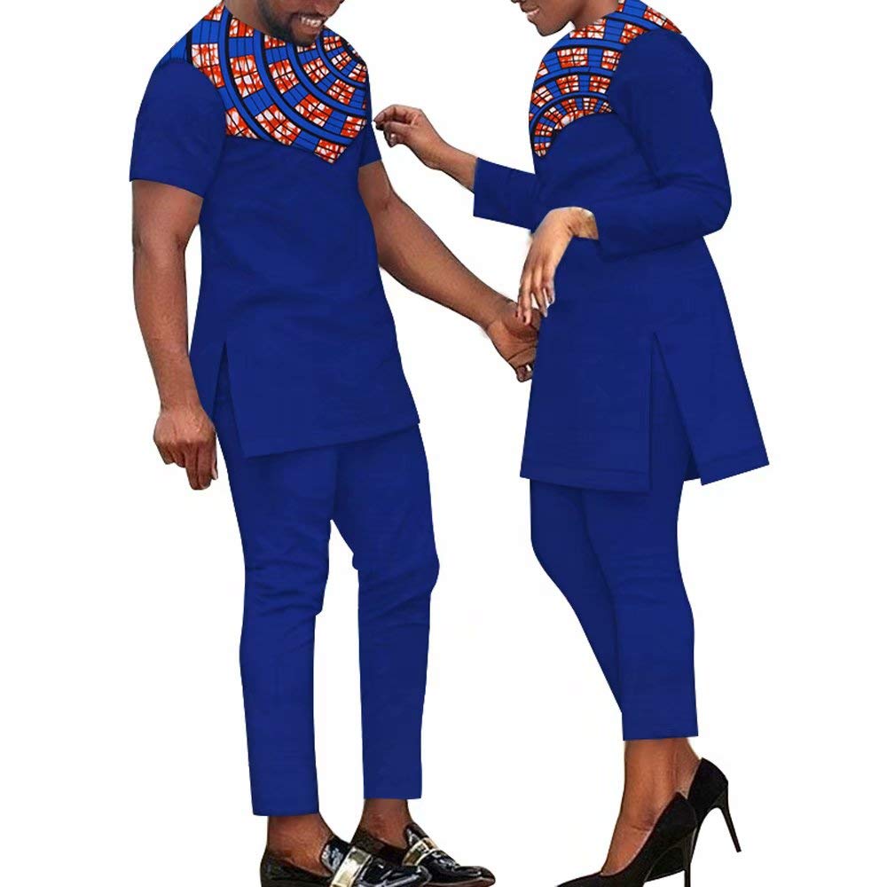 African Dashiki Couples Outfits - Traditional Ankara Print Shirts & Pants Set with Floral Patchwork Design | Perfect for Weddings, Cultural Events & Matching Couple Looks