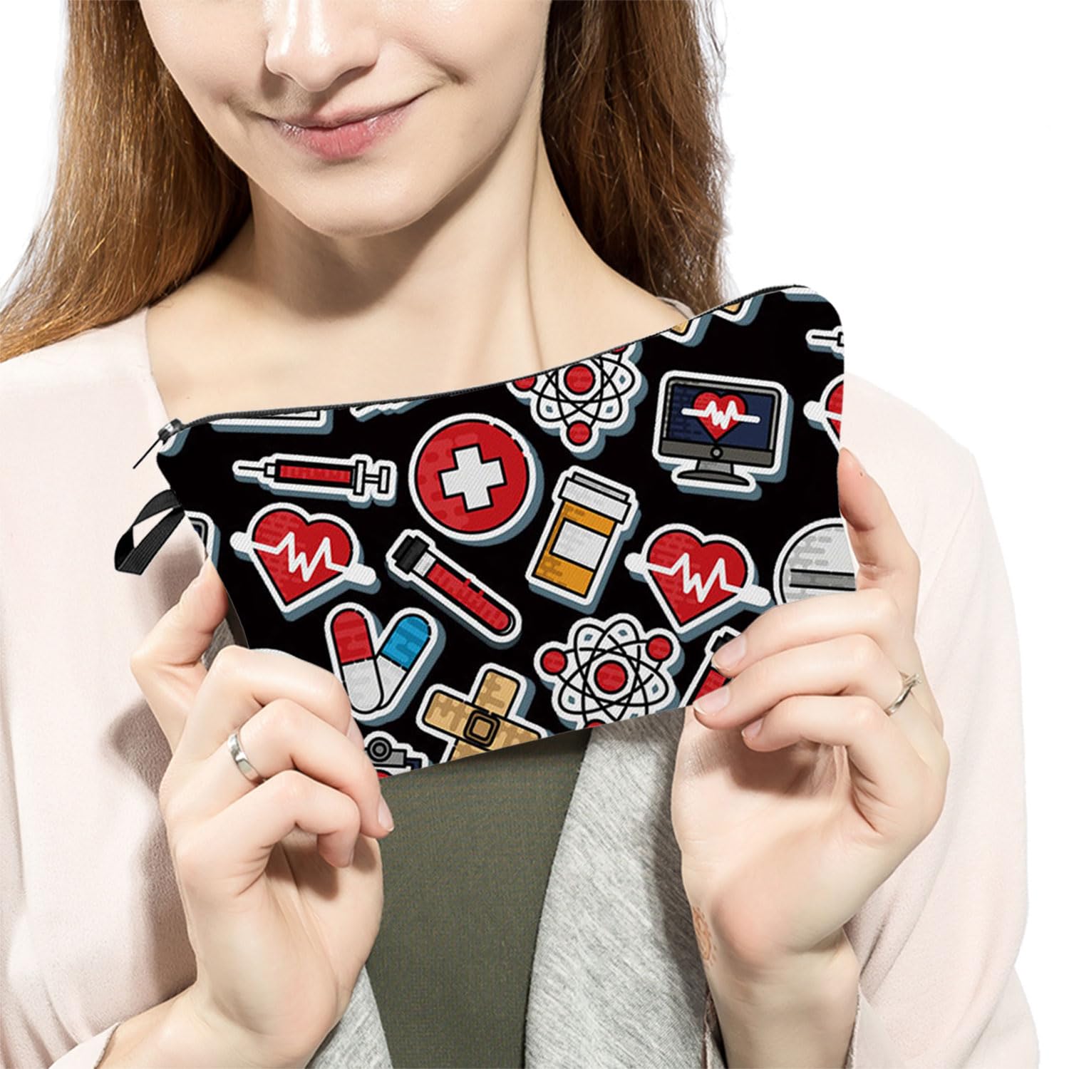 Black Waterproof Makeup Bag for Women - Cute Cosmetic Travel Organizer with Zipper, Toiletry Pouch for Purse, Gifts for Her - Perfect for Travel, Gym, Work & Daily Essentials Storage