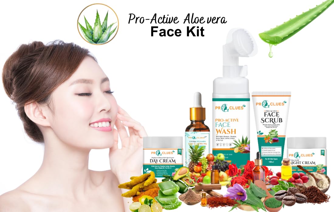 Proclues Daily Skin Care Gold Facial Kit with Pure Turmeric, Aloe Vera, Vitamin C, Neem & Saffron – Includes Face Wash (150ml), Scrub (100ml), Serum (50ml) and Day & Night Cream (50g) – 5-Piece Set for Glowing Skin – Perfect for Daily Skincare Routine & Spa-Like Treatment at Home