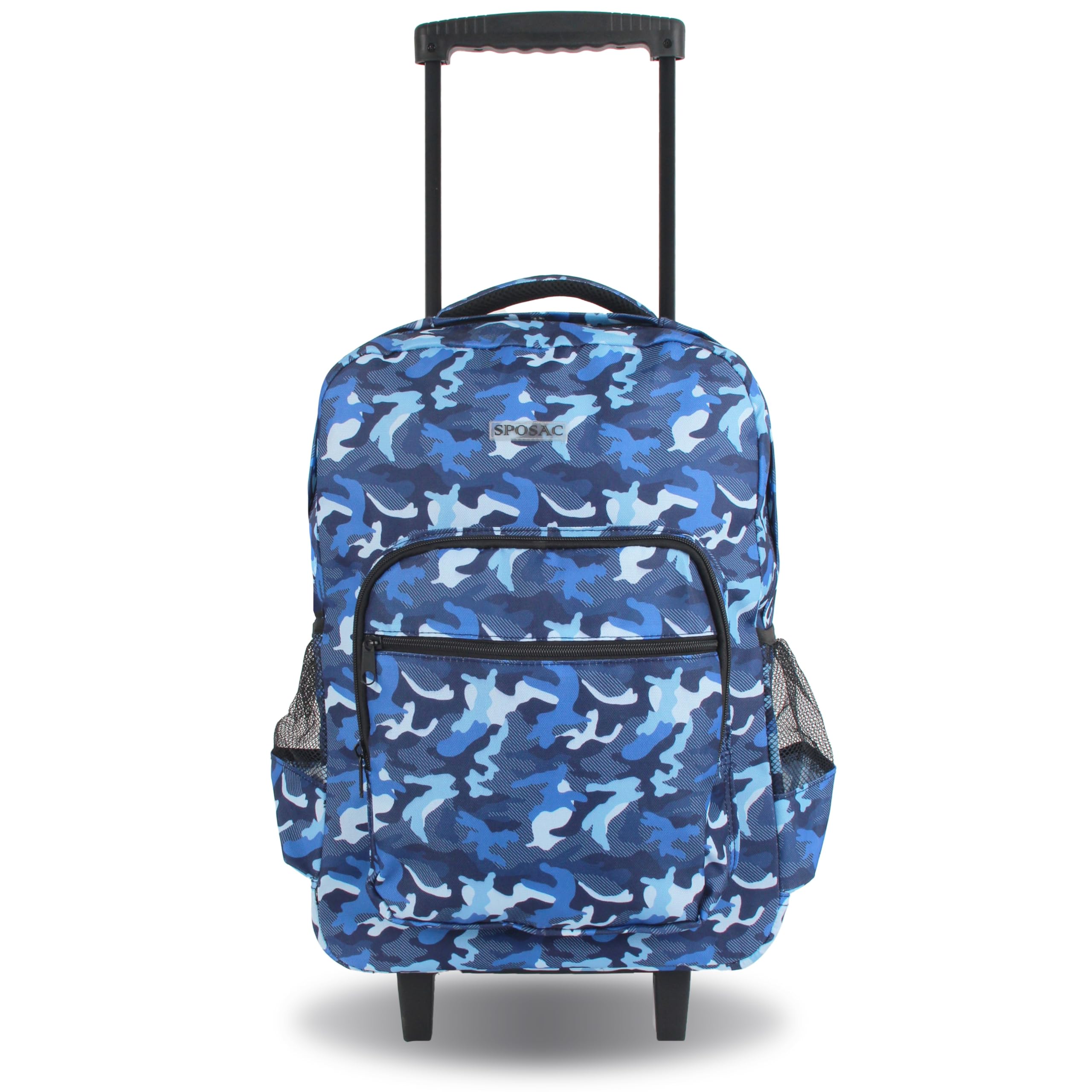 Unisex Rolling Backpack for Kids & Adults - Boys Girls Wheeled Luggage with 360° Spinner Wheels, Blue Camo Design, 19 Inch Carry On Size - Perfect for School, Travel & Daily Commute