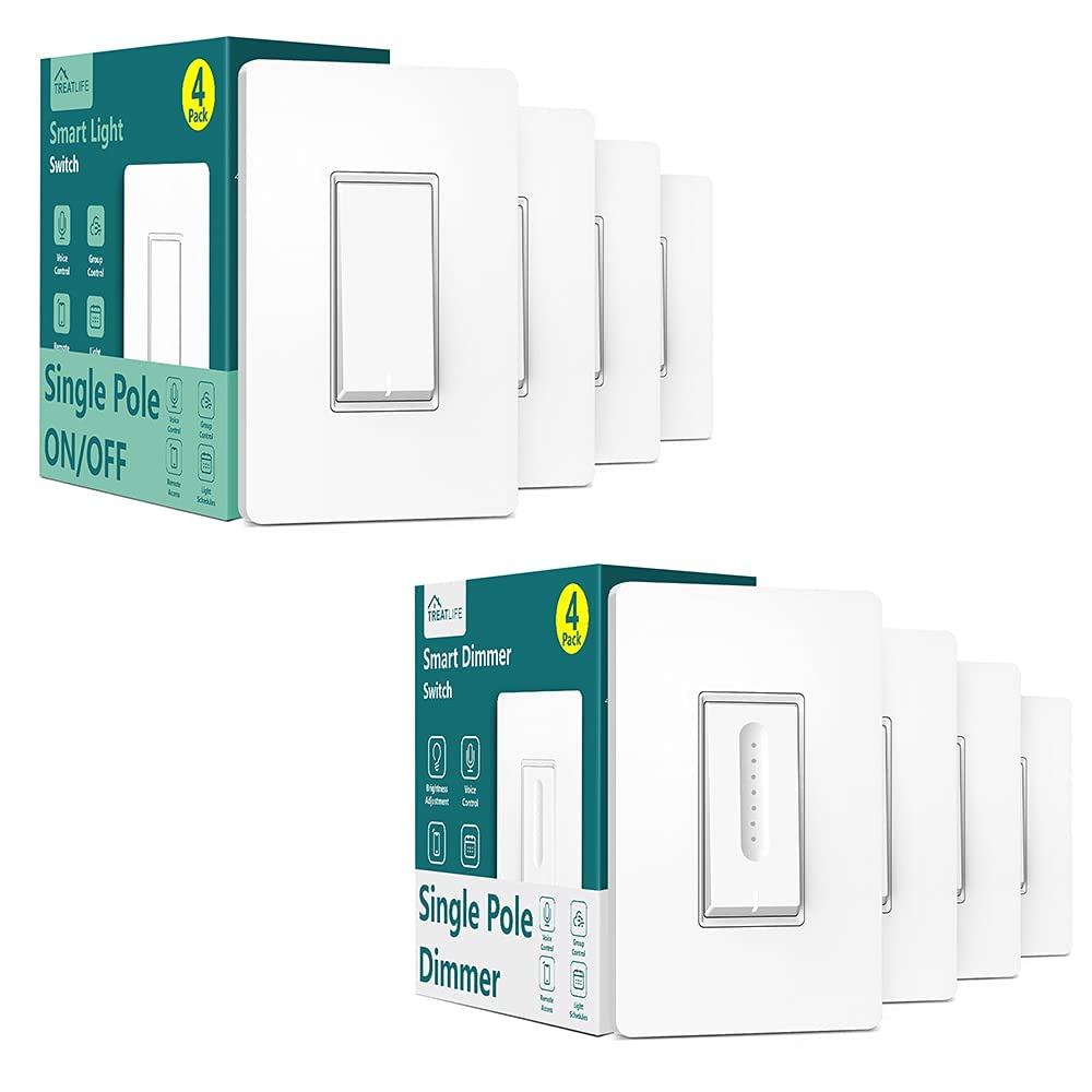 TREATLIFE 4 Pack Smart Dimmer Switch & 4 Pack Smart Light Switch Bundle - WiFi Enabled, Works with Alexa & Google Home - Perfect for Home Automation & Smart Lighting Control