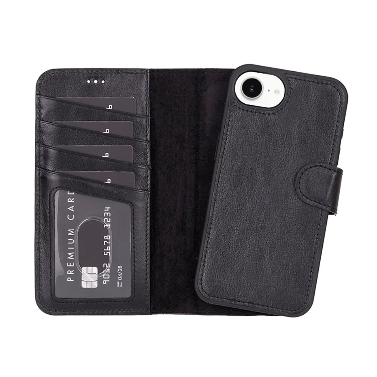 Premium Black Leather Wallet Case for iPhone 16e - Slim Protective Cover with Card Slots | Perfect for Everyday Use, Travel & Business Meetings