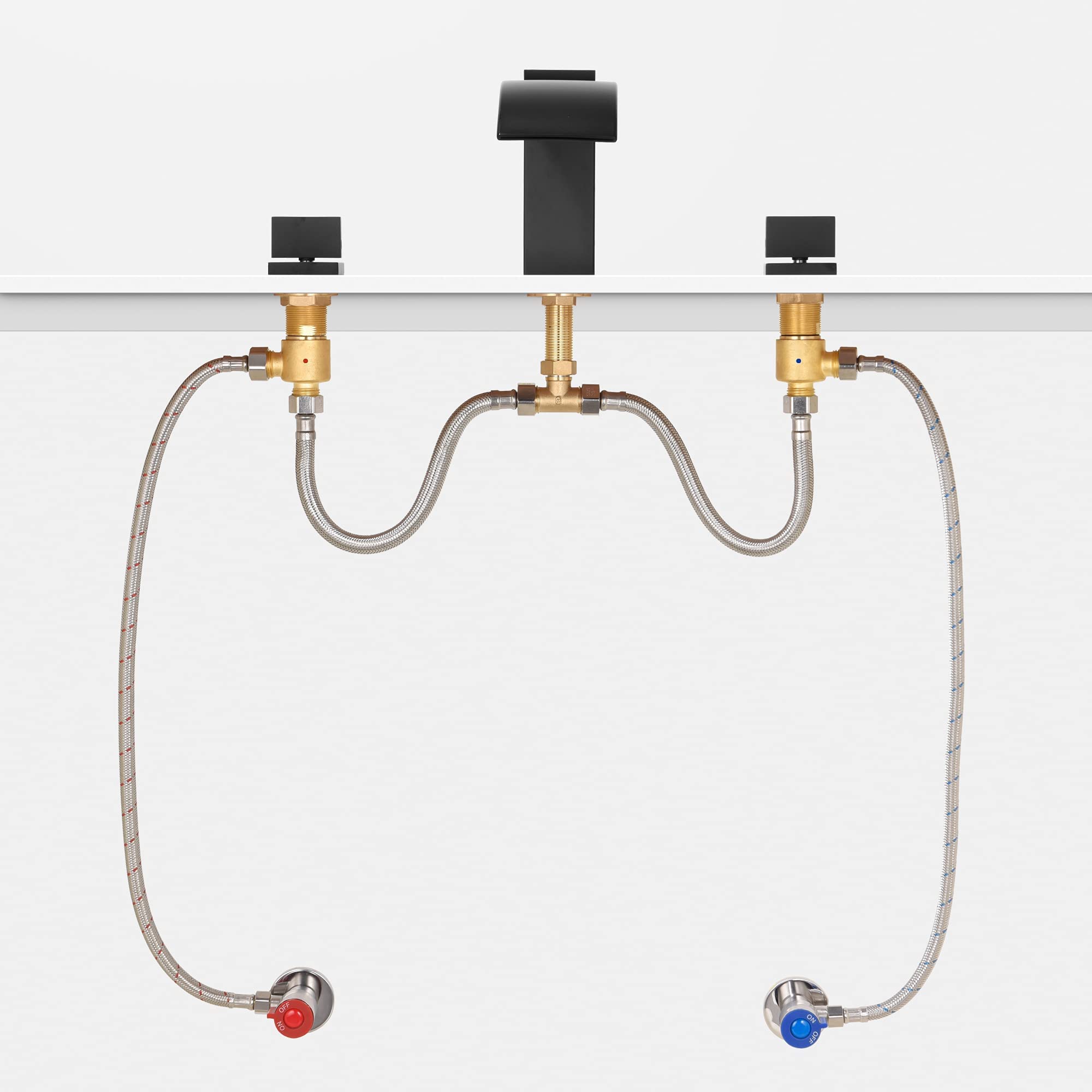 Black Waterfall Roman Tub Faucet S2091DW with Flexible Hose Connector S7930SS-120 (48 Inch) - Luxury Bathroom Fixture for Spa, Master Bath & Modern Home Decor