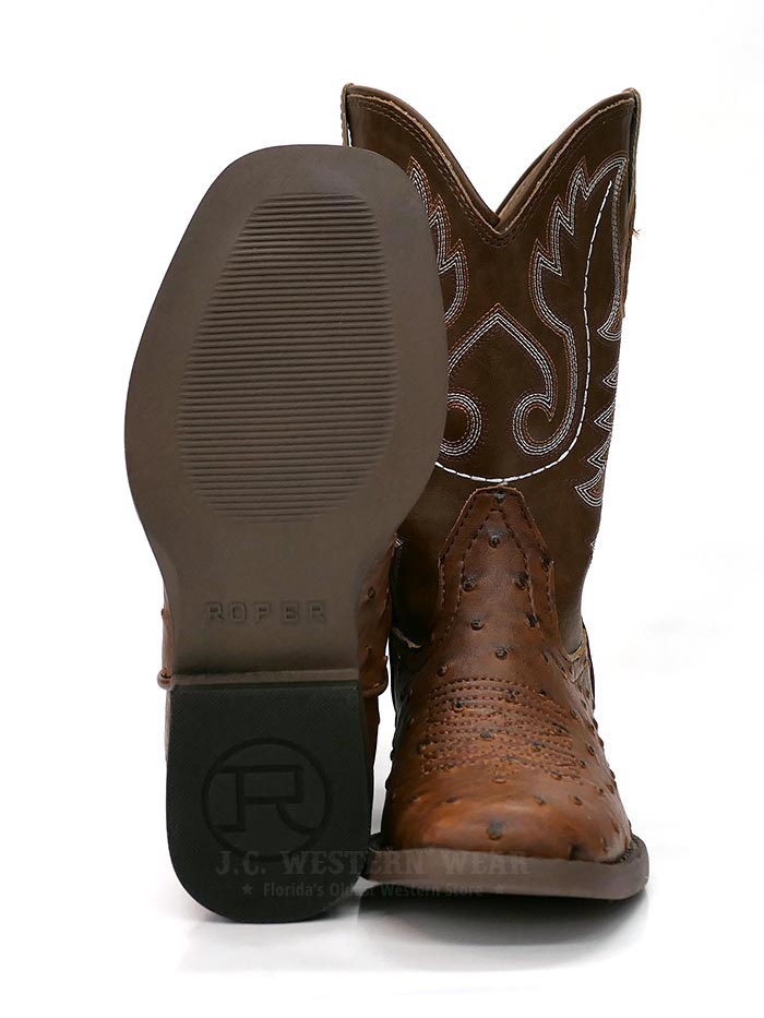 Roper 0807 Kids Western Boots - Tan Ostrich Print Square Toe Cowboy Boots for Boys & Girls | Perfect for Rodeo, Country Dance & Western Fashion