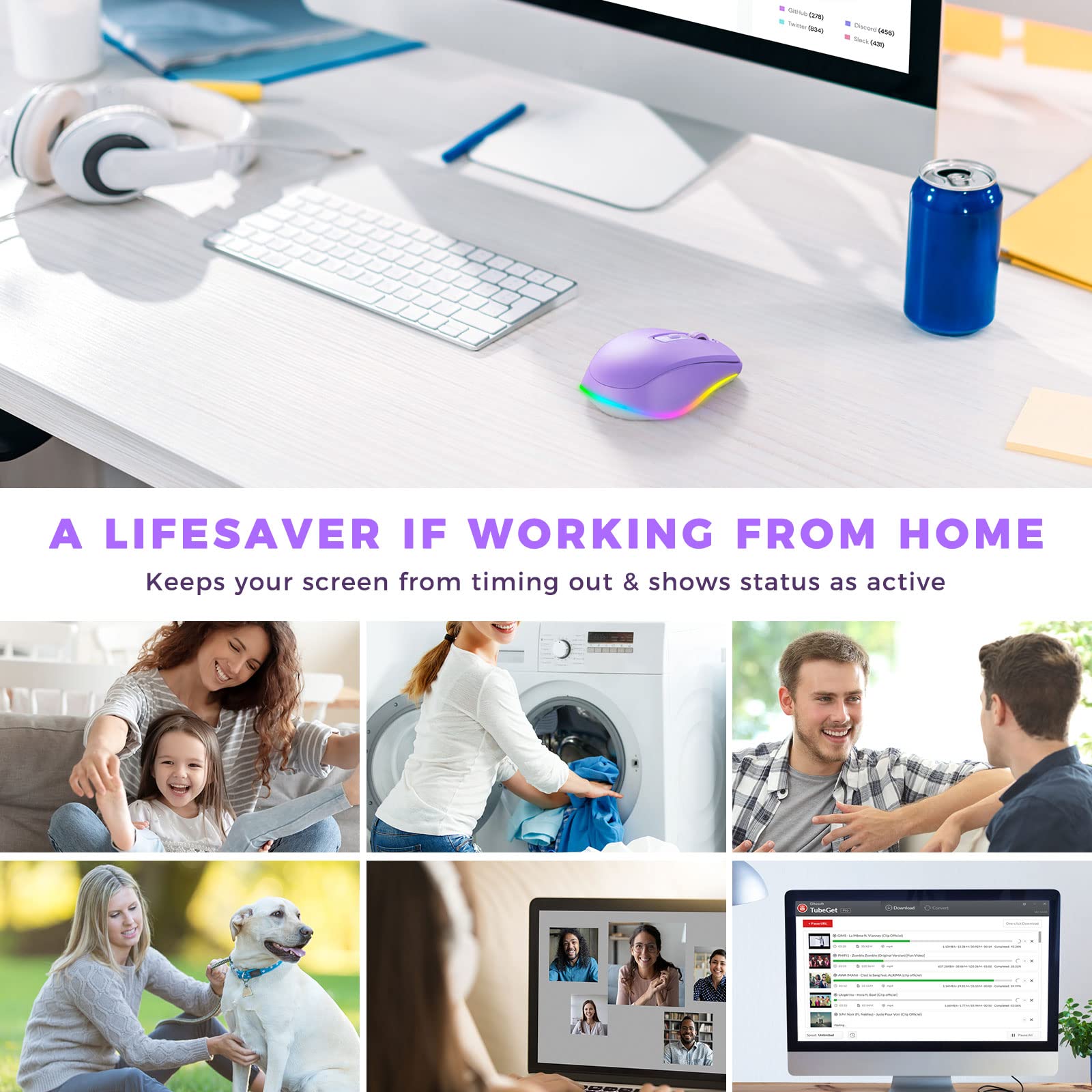 Wireless Mouse Jiggler with Undetectable Random Movement - Rechargeable LED Mouse Mover for Laptop, Keeps Computer Awake (Purple) - Perfect for Remote Work, Online Meetings, and Preventing Sleep Mode