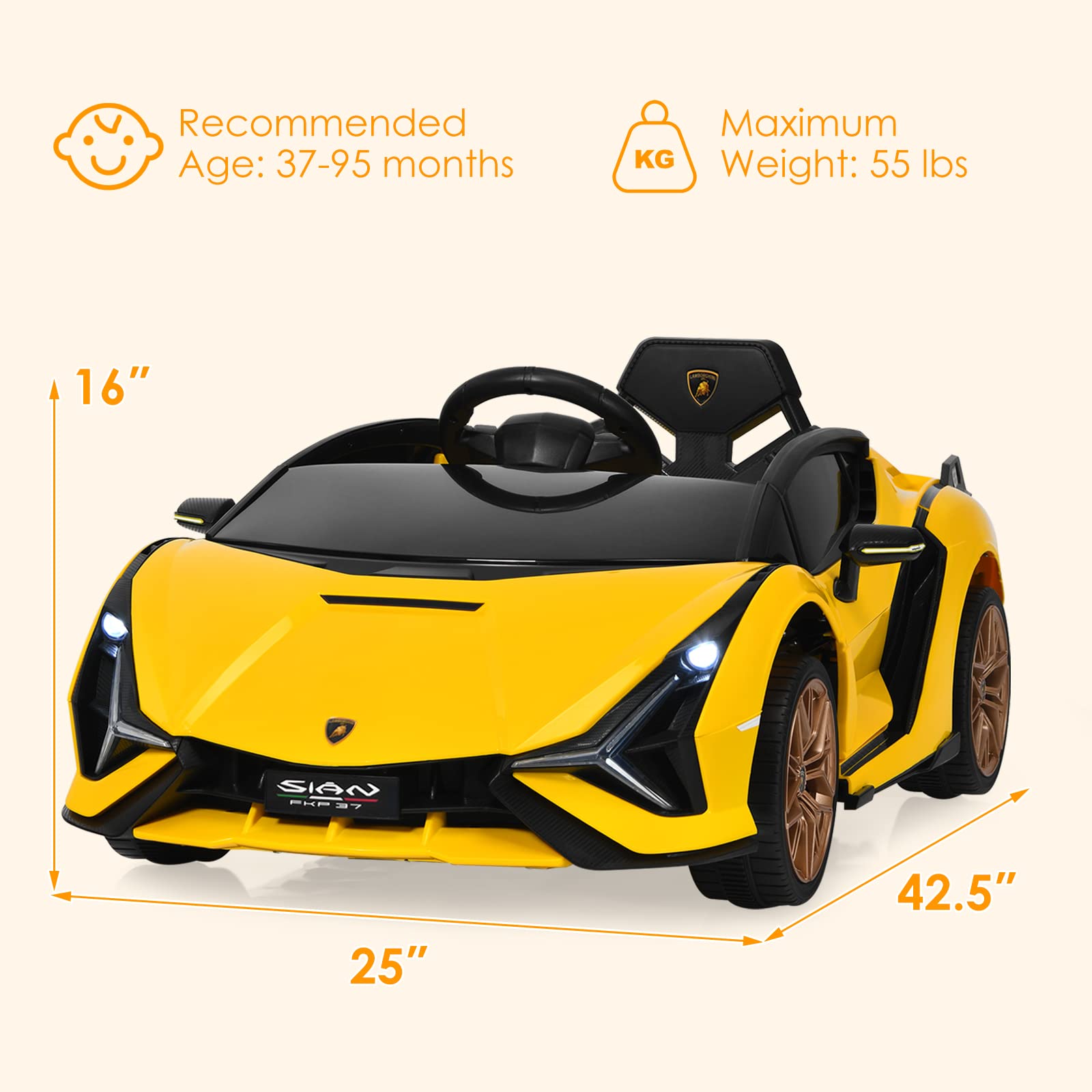 OLAKIDS Licensed Lamborghini SIAN 12V Electric Ride On Car for Kids - Remote Control, 2 Speed, LED Lights, Bluetooth & Music - Battery Powered Toy Vehicle for Toddlers (Yellow) - Perfect for Birthday Gifts, Outdoor Play & Indoor Fun
