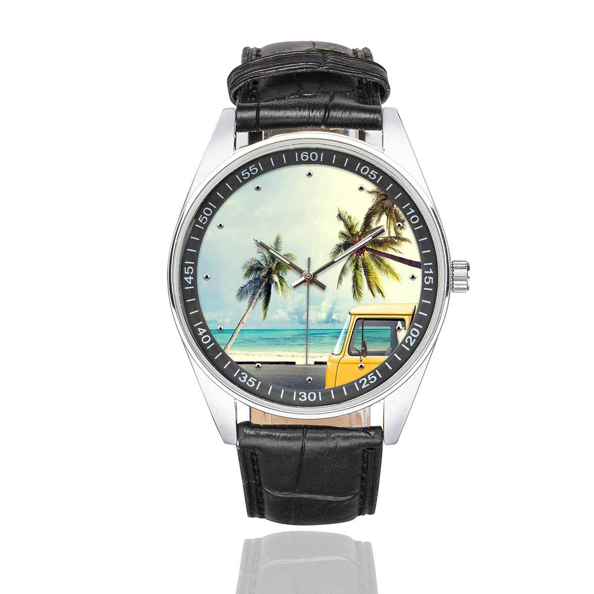 **InterestPrint Men's Fashion Watch - Black Leather Strap Wristwatch for Surfing, Beach & Casual Wear | Water-Resistant & Stylish**