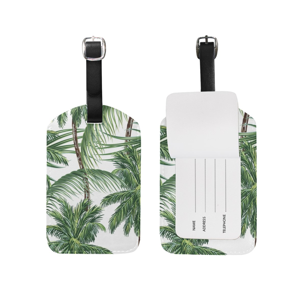 Stylish PU Leather Luggage Tag with Tropical Palm Leaves Design - Durable Suitcase ID Tag for Travel Bags, Perfect for Vacation & Business Trips