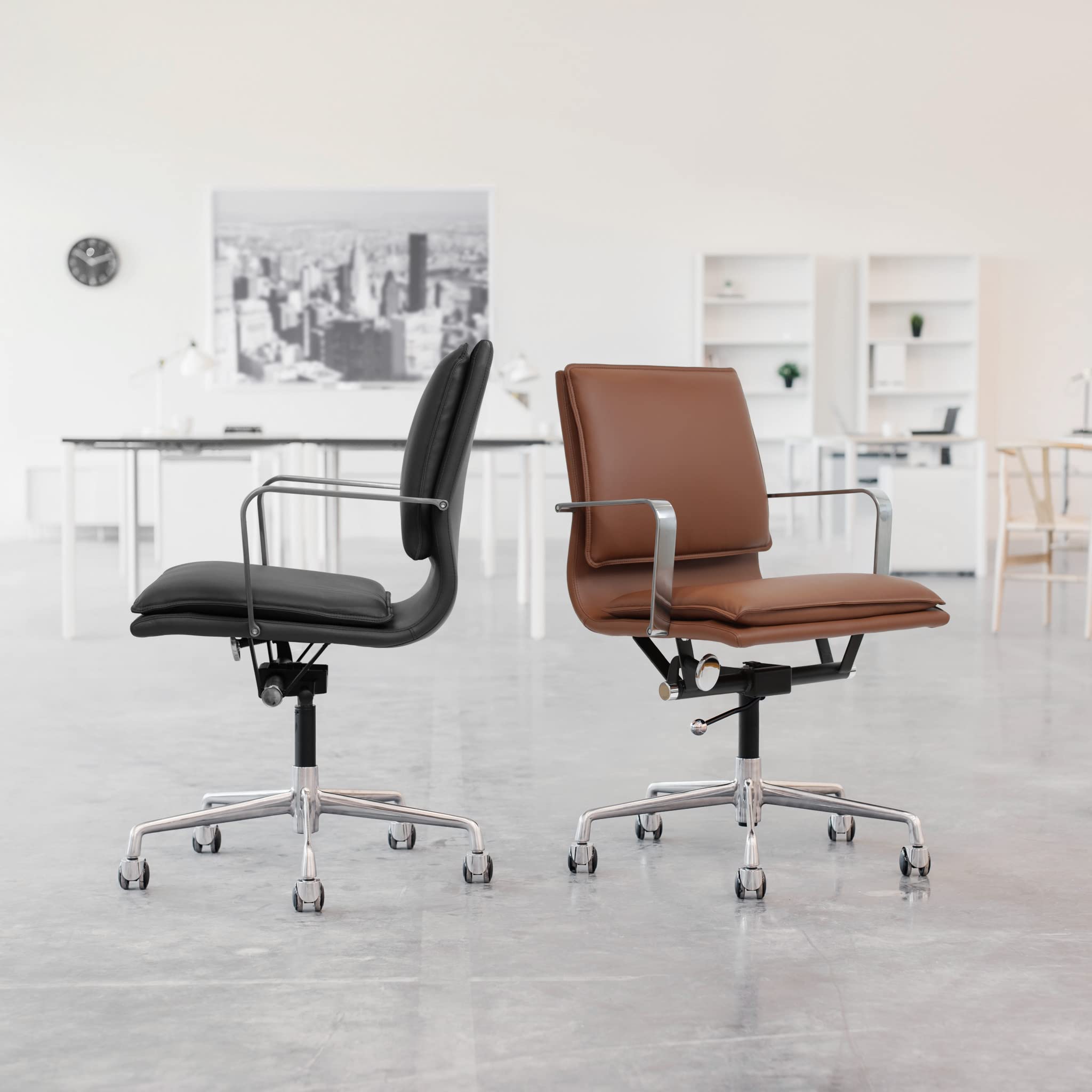 Laura Davidson Lexi II Mid Back Office Chair - Ergonomic Padded Desk Chair with Adjustable Armrests, 360° Swivel & Thick Cushion, Faux Leather Computer Chair for Home & Office Workspace - White