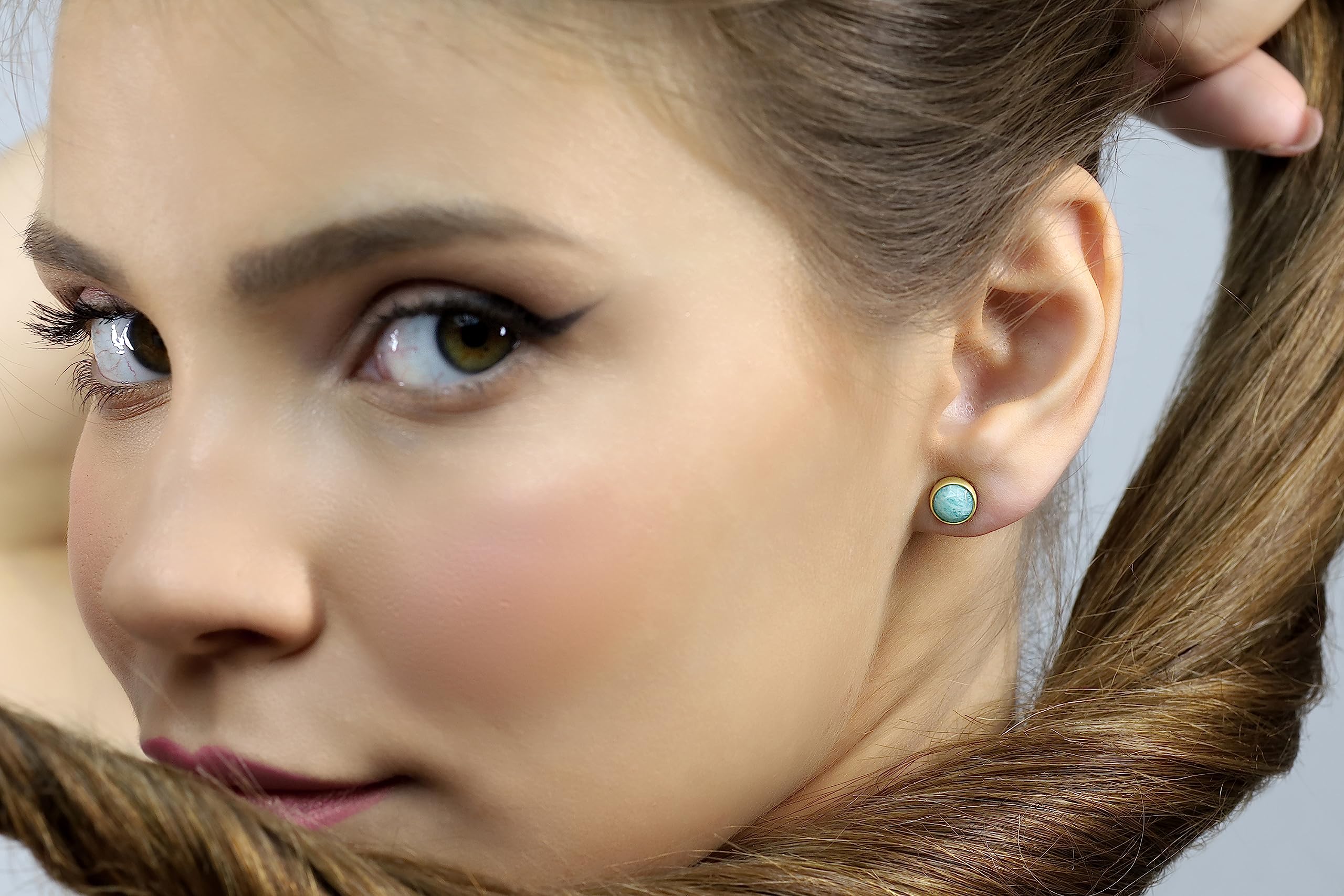 925 Sterling Silver Amazonite Earrings - Palladium Plated Gemstone Stud Earrings with Bezel Setting | Minimalist Sky Blue Bridesmaid Jewelry | High Energy AA Quality Indian Stone | Perfect for Weddings, Gifts & Everyday Elegance