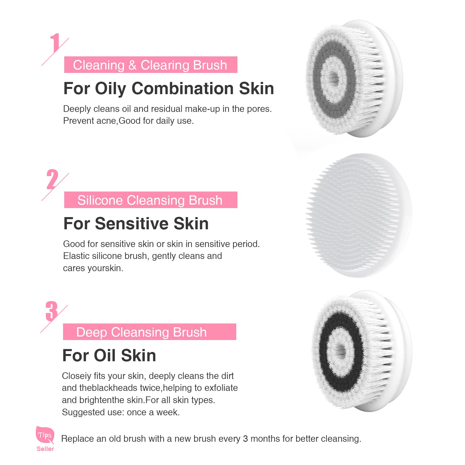 Electric Face Cleansing Brush with 3 Heads - Deep Clean & Exfoliate for Glowing Skin