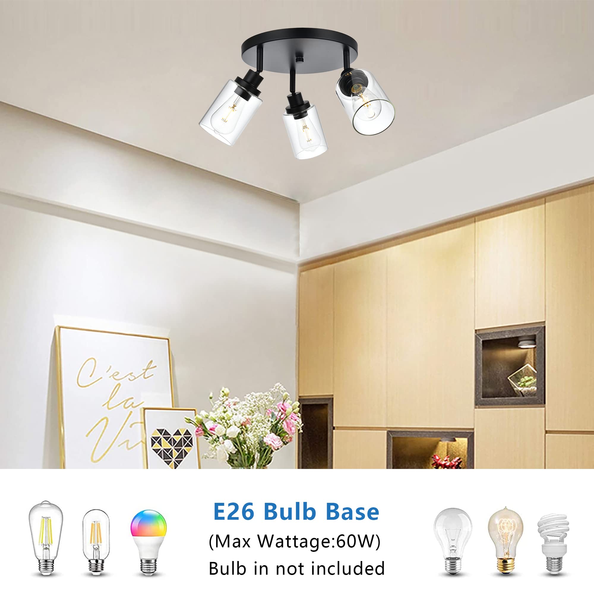 MELUCEE 3-Light Black Round Semi Flush Mount Track Lighting Fixture - Adjustable Directional Ceiling Light for Kitchen, Hallway, Foyer & Entryway | Modern Home & Commercial Lighting Solution