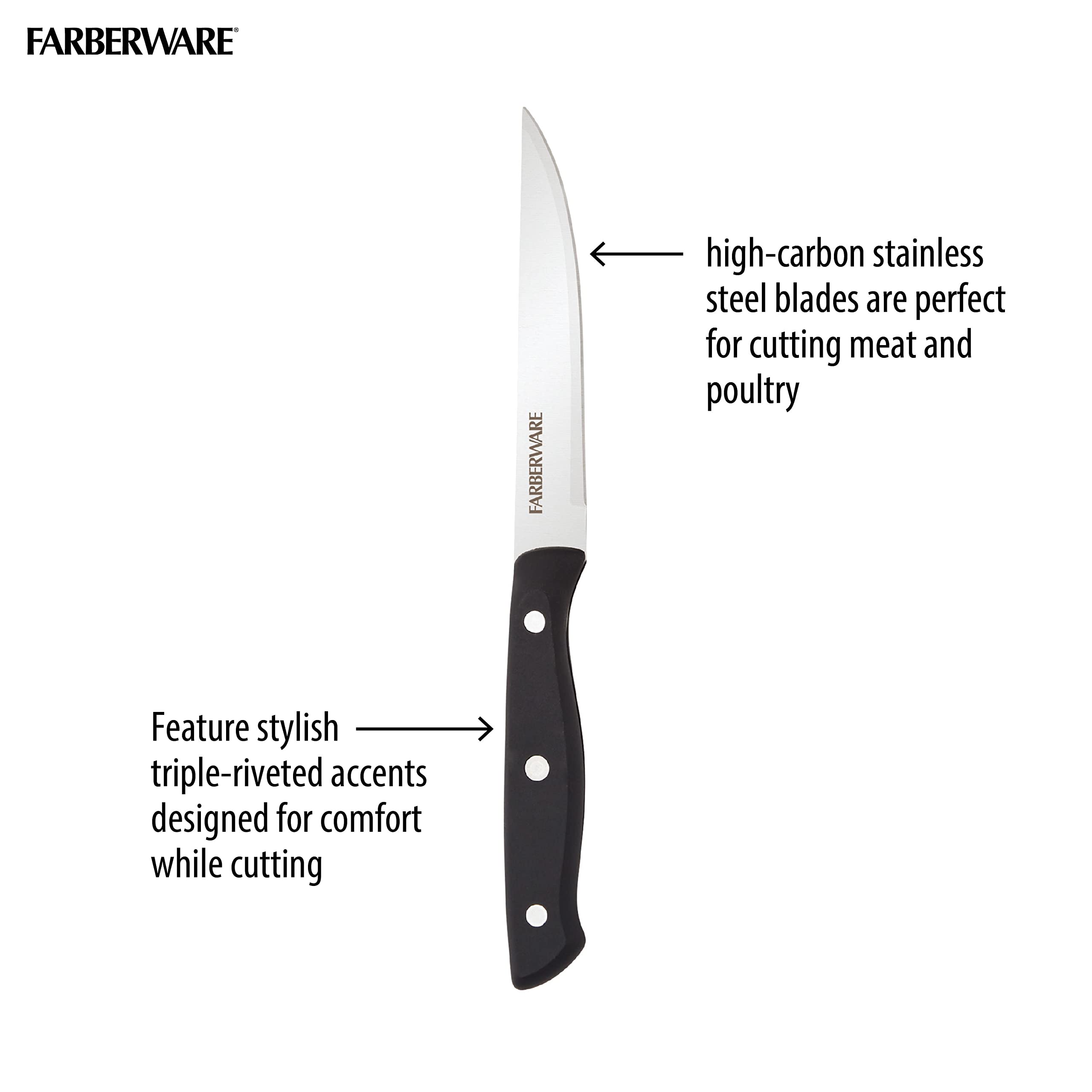 Farberware 6-Piece Triple Riveted Steak Knife Set - High Carbon Stainless Steel with Razor Sharp Blades - Perfect for Steak Dinners, BBQ Parties & Fine Dining