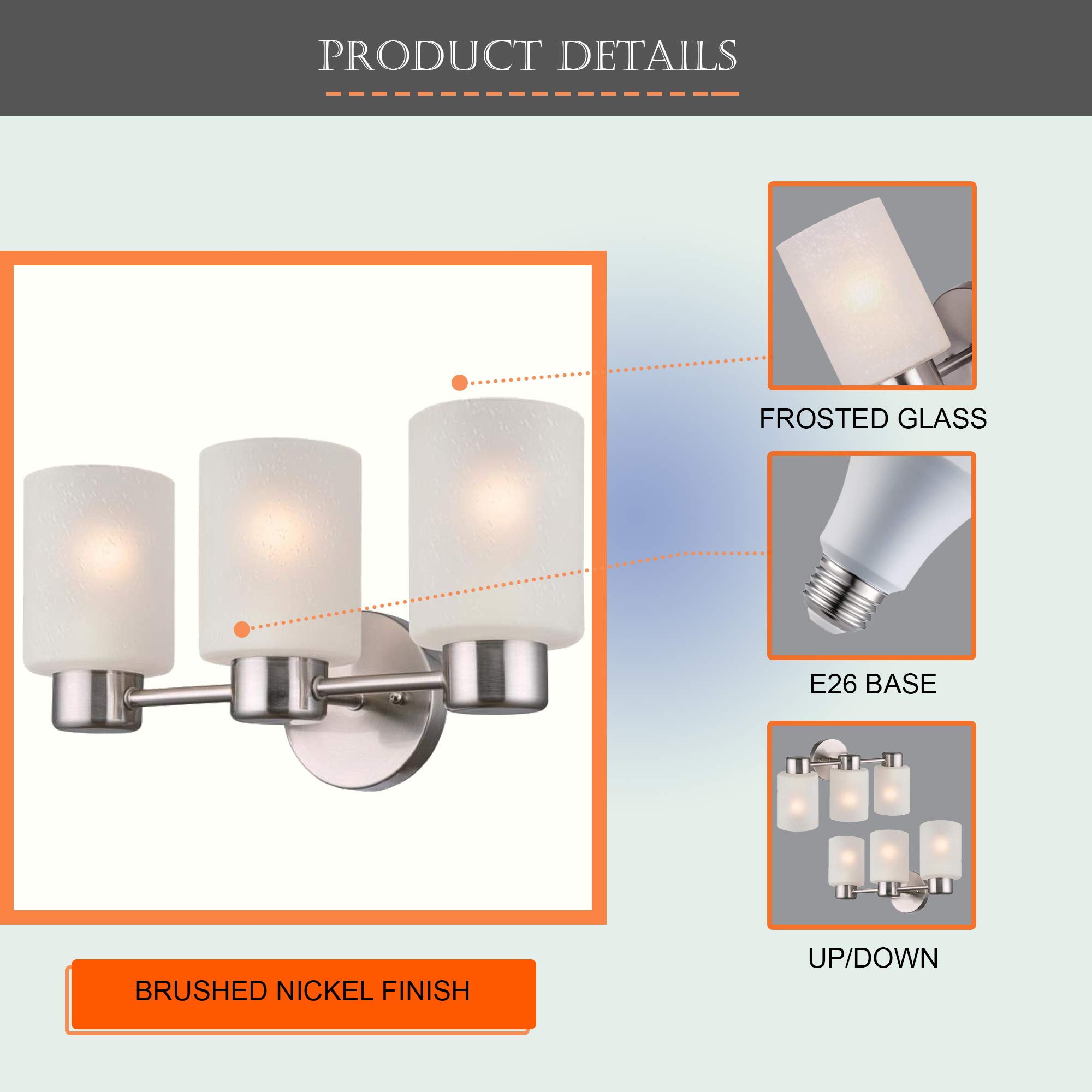 Modern 3-Light Bathroom Vanity Light Fixture - Brushed Nickel Finish with Frosted Seeded Glass - Wall Sconce Lighting for Bathroom, Bedroom & Dressing Room - Perfect for Vanity Mirror Illumination and Ambient Lighting