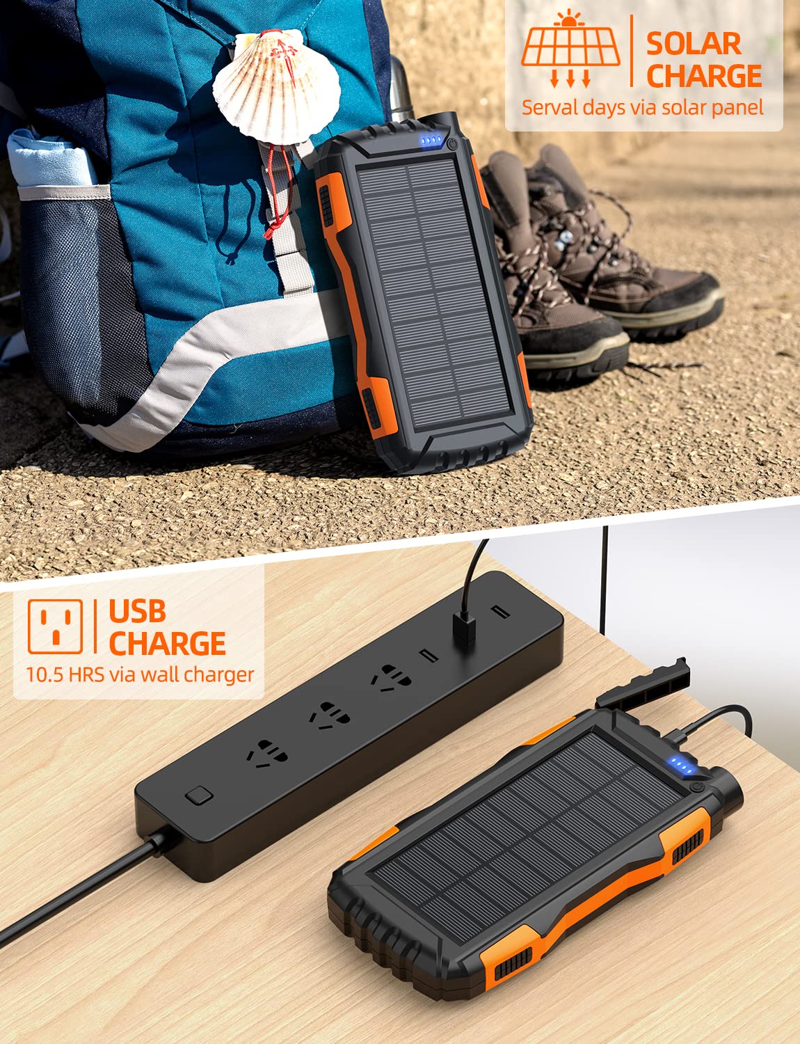 42800mAh Solar Power Bank with QC 3.0 Fast Charging - Portable Solar Charger, External Battery Pack with Super Bright Flashlight (Orange) - Perfect for Camping, Hiking, and Emergency Power Outages