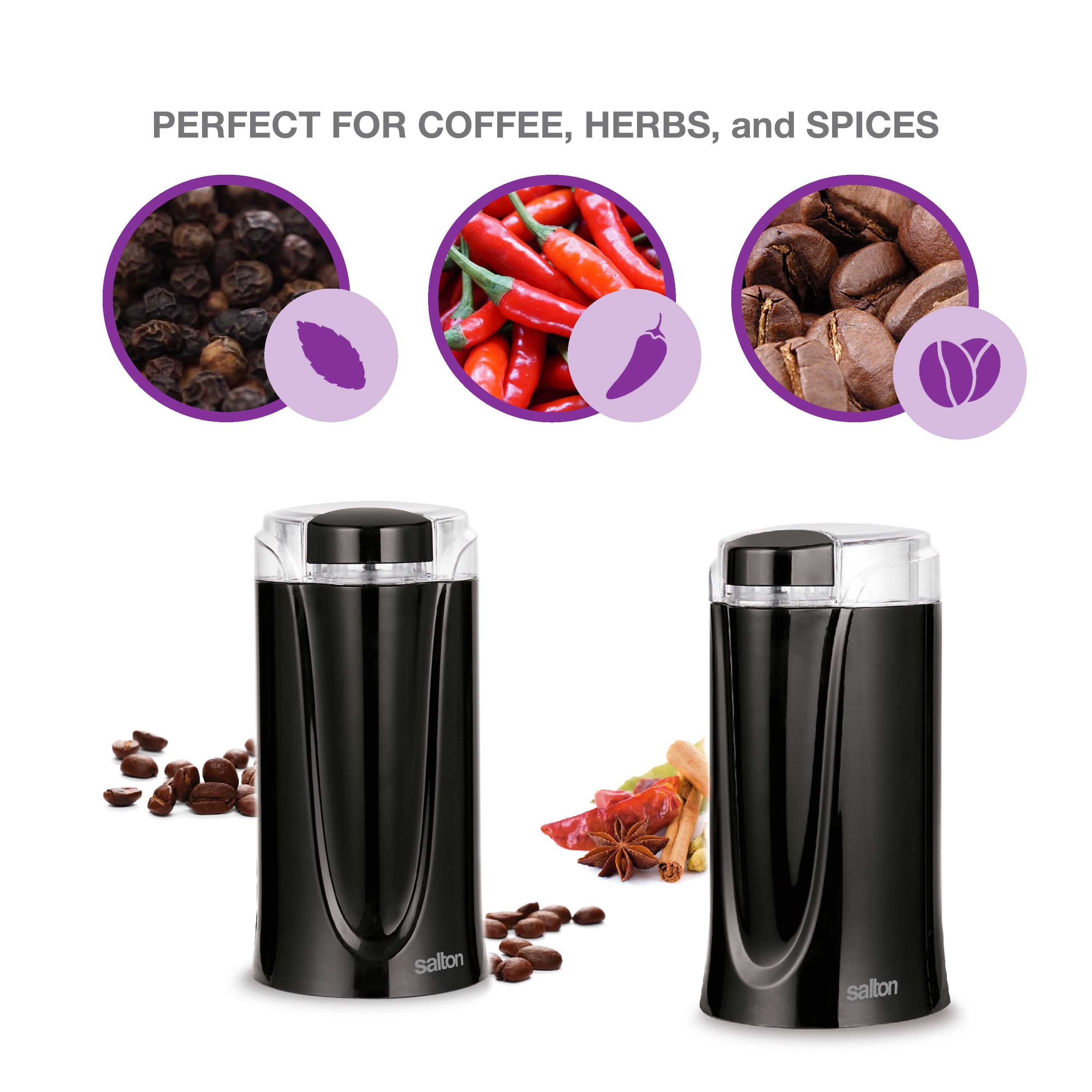 Premium SALTON CG1990BK Electric Coffee Grinder for Beans, Spices & Herbs - Perfect for Home Kitchens & Coffee Shops