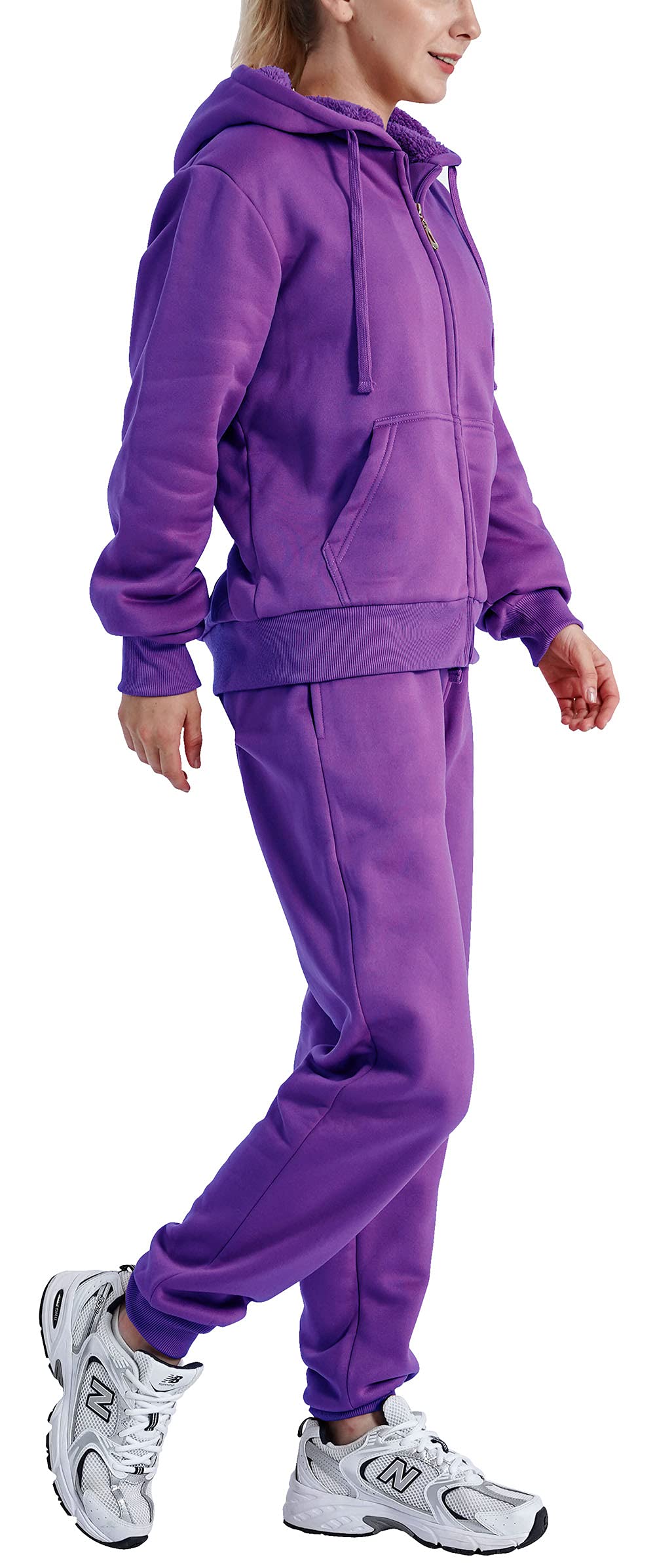Women's Sherpa Lounge Set - Cozy Winter Jacket & Pants Outfit, Plus Size 2XL Purple Track Suit for Home Comfort, Streetwear & Casual Sports | Perfect for Lounging, Running Errands & Winter Relaxation