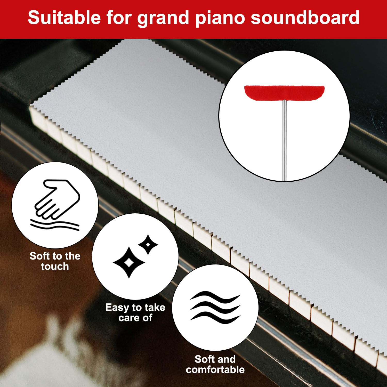 5-Piece Grand Piano Soundboard Cleaning Kit - Includes Large & Small Brush Heads, Extension Rod, Soft Fiber Polish Cloth & Dust Cover (White) | Professional Piano Maintenance Tools for Home & Concert Hall Use