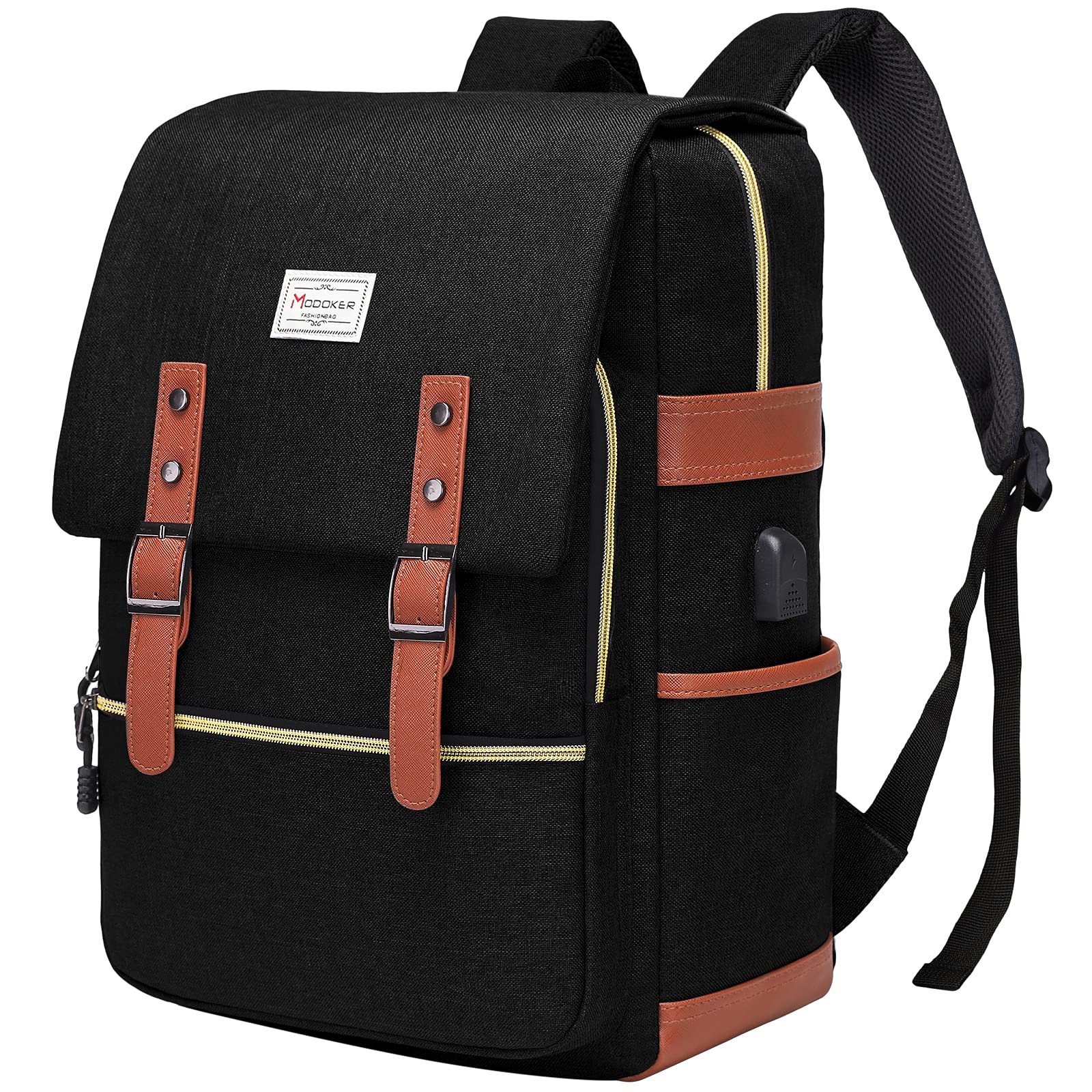 Modoker Vintage 17 Inch Laptop Backpack with USB Charging Port - Water Resistant Slim Travel Backpack for Business & College - Perfect Gift for Men & Women (Black) - Ideal for Commuting, Work, School & Travel