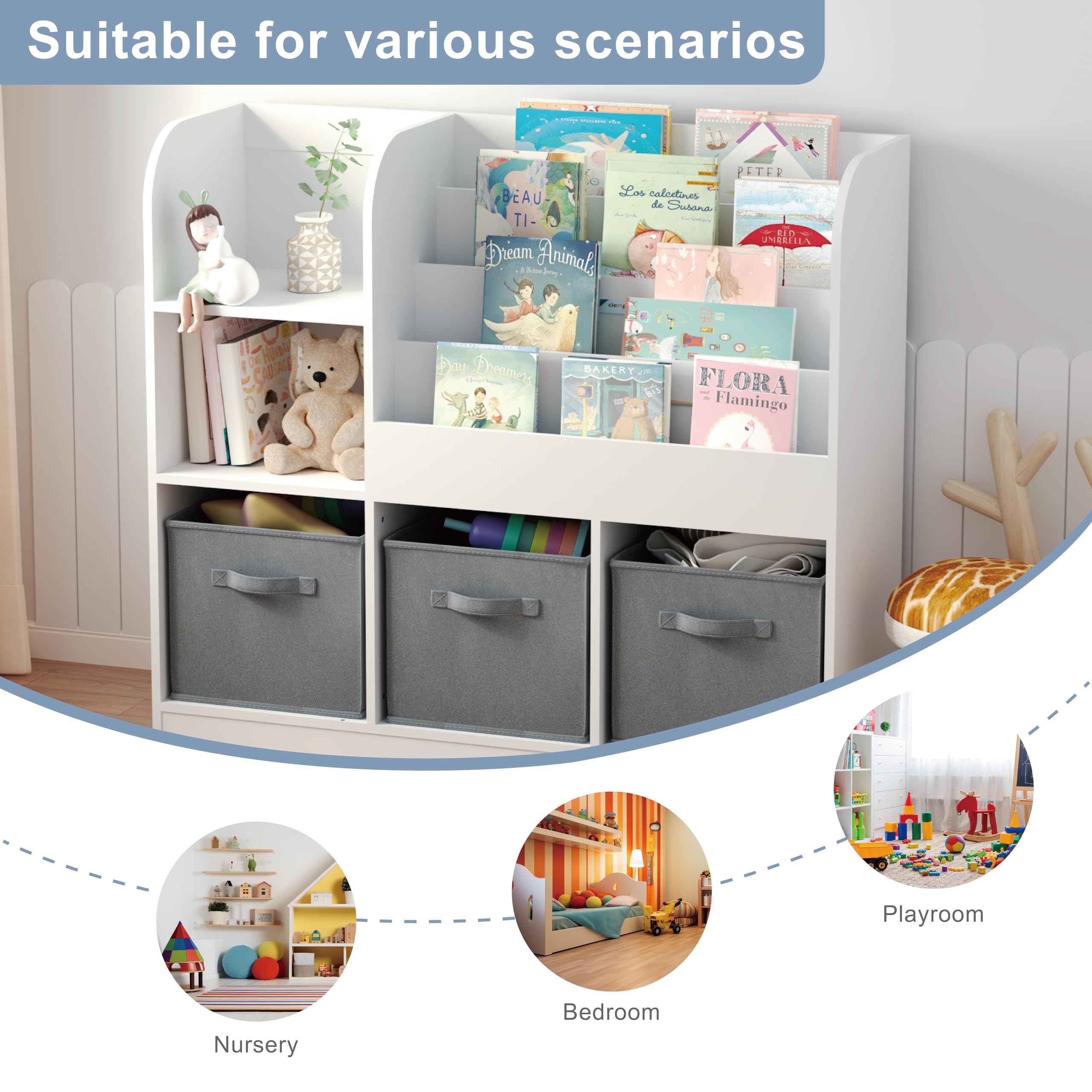 Kids Bookcase and Bookshelf with 3 Collapsible Fabric Drawers - Multi-Layer Toy Organizer for Nursery, Bedroom & Playroom - Perfect for Storytime, Toy Storage & Kids Room Organization