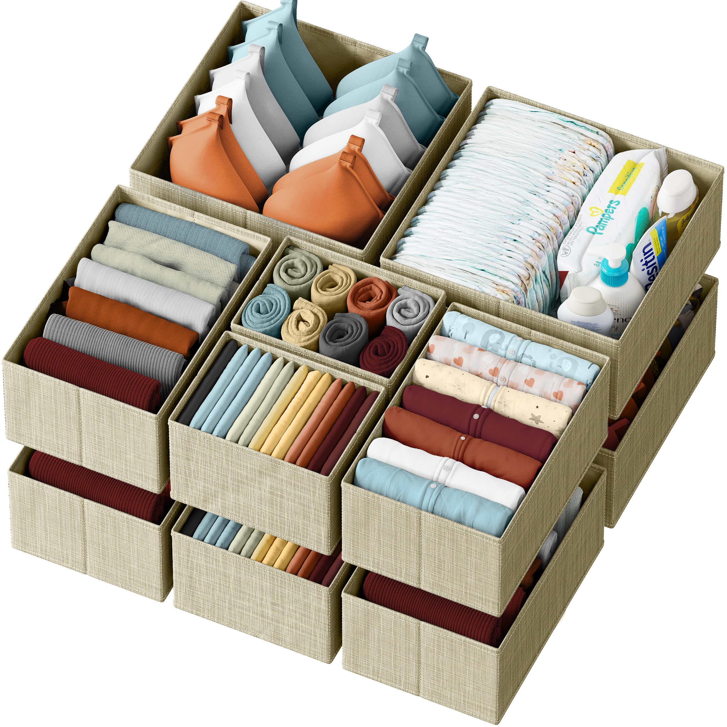 12-Piece Beige Drawer Organizer Set for Clothes - Perfect for Nursery, Bedroom & Closet Storage - Baby Clothes Organizer & Dresser Drawer Dividers for Home Organization (Great for Newborn Essentials, Socks & Undergarments)