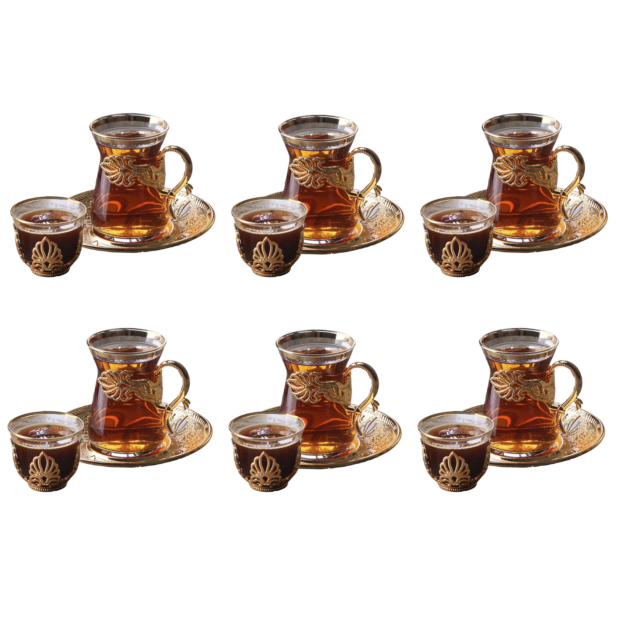 Vintage Handmade Turkish Tea Glasses Set of 6 with Saucer & Holder - Ottoman Style Mırra Cups for Arabic Tea Ceremony - Perfect for Serving Guests, Housewarming Gifts, Dinner Parties & Special Events - Elegant Gold Finish