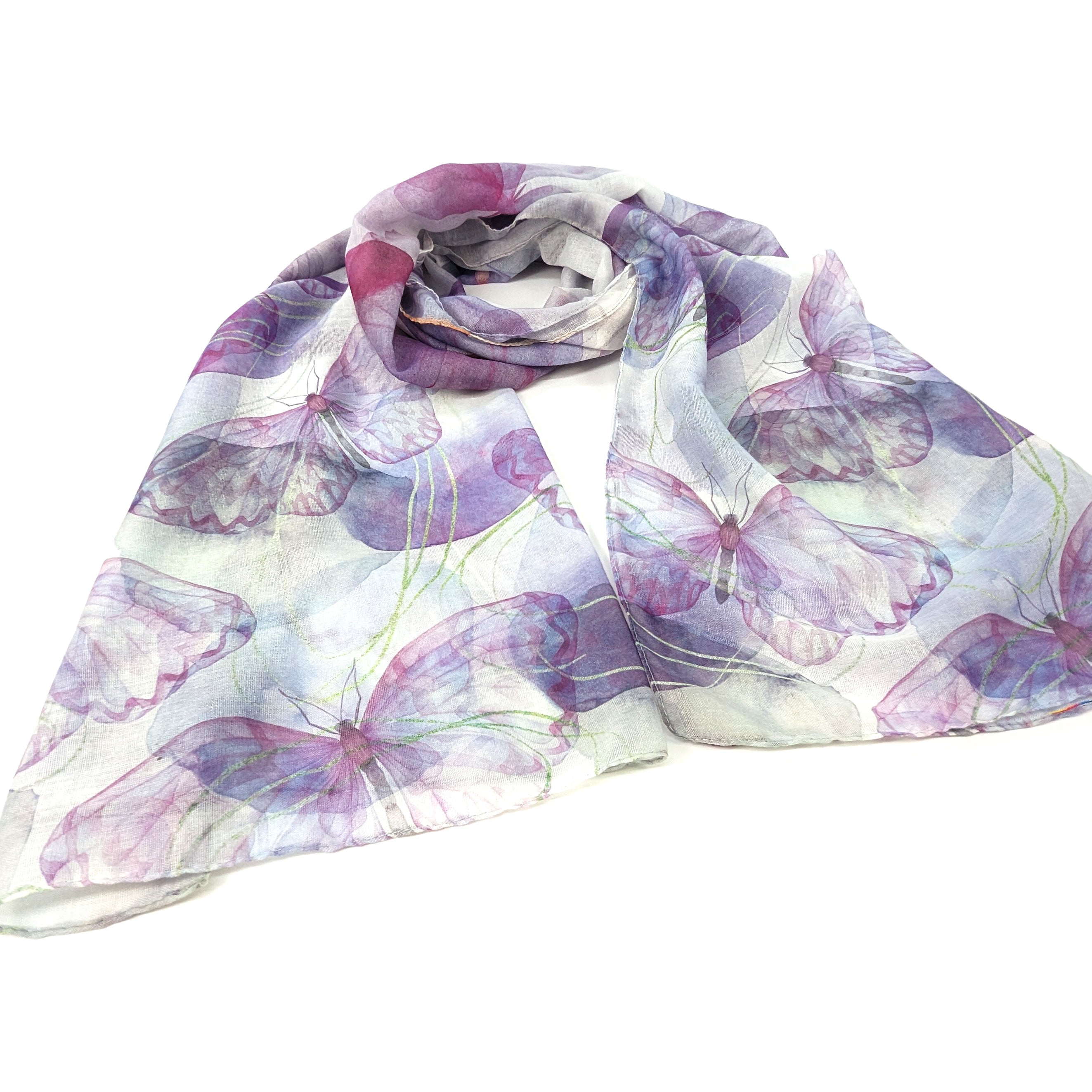 Watercolor Butterfly Scarf - Iris Purple Silk Fashion Accessory (50x180cm) for Women's Spring Outfits, Bridal Shawl & Boho Style