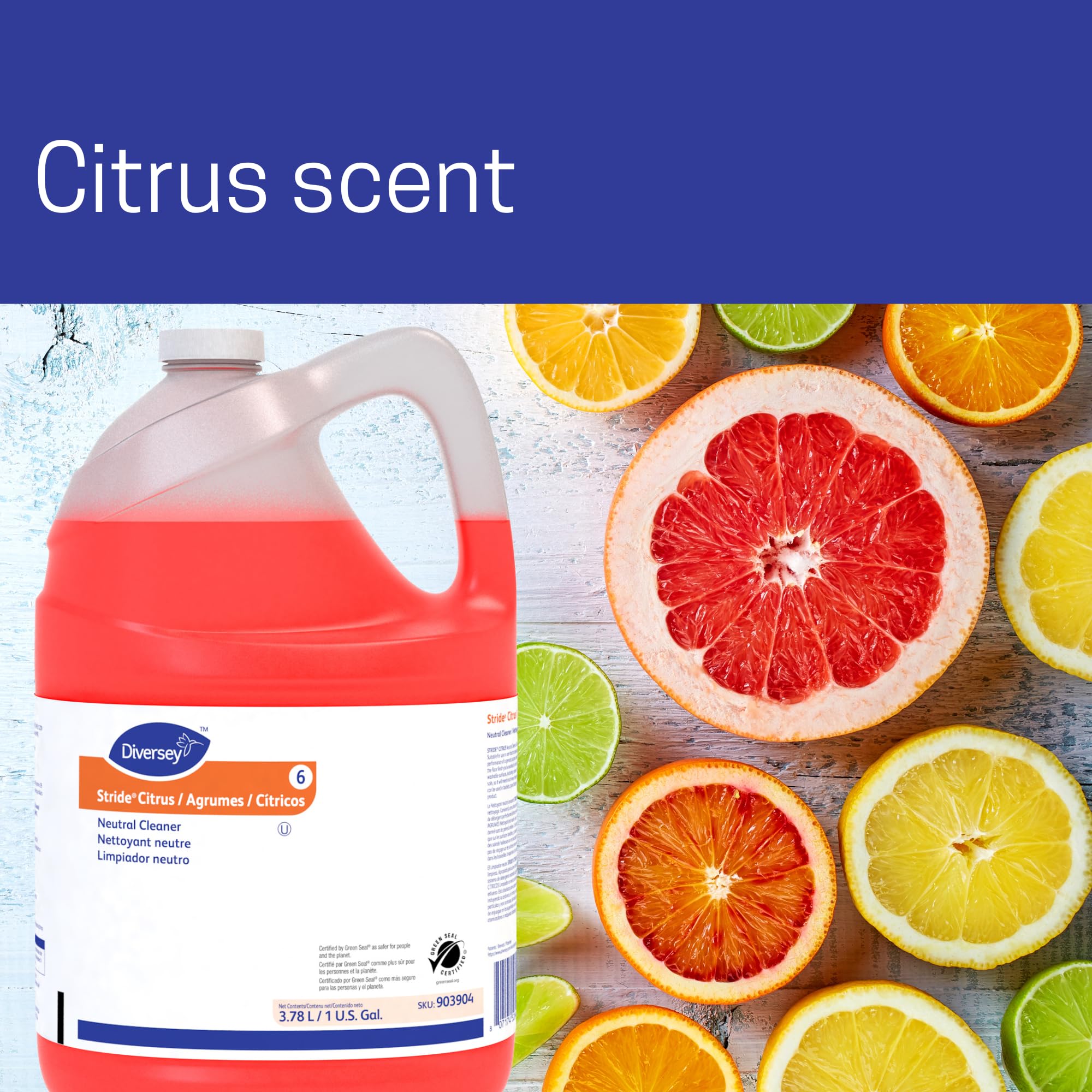 Diversey 903904 Stride Citrus Neutral Cleaner - Commercial Grade Floor Cleaner Concentrate, 1 Gallon (128 Fl Oz) - Fresh Citrus Scent - Ideal for Hospitals, Schools & Office Buildings