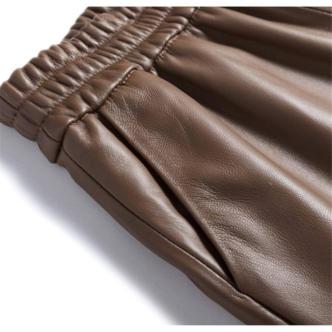 Wvapzxx Women's Real Leather Knee-Length Bermuda Shorts - Elastic Waist, Wide Leg Design with Pockets | Perfect for Casual Outings, Summer Vacations & Stylish Everyday Wear