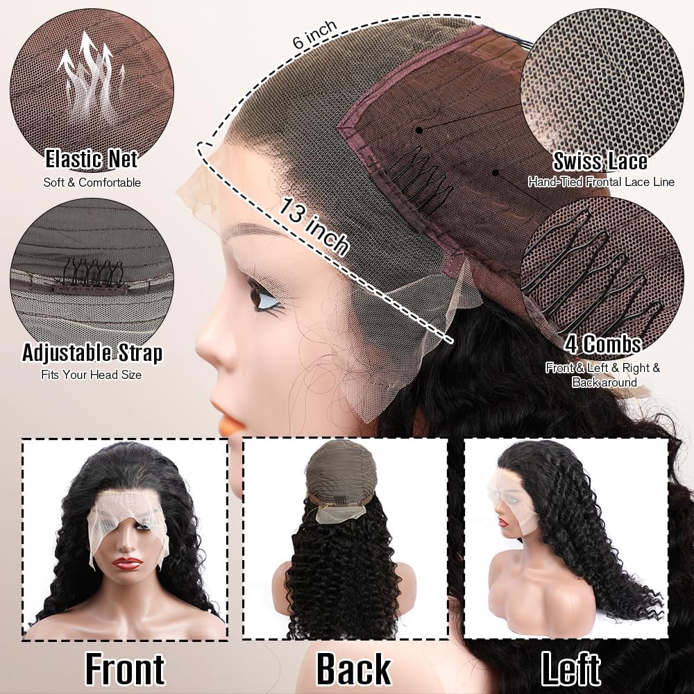 Oveflec 28 Inch 13x6 Lace Front Wigs Human Hair - 200% Density Deep Wave Virgin Hair Wig for Women, Pre-Plucked Natural Color, Breathable & Comfortable for Daily Wear, Parties & Special Occasions