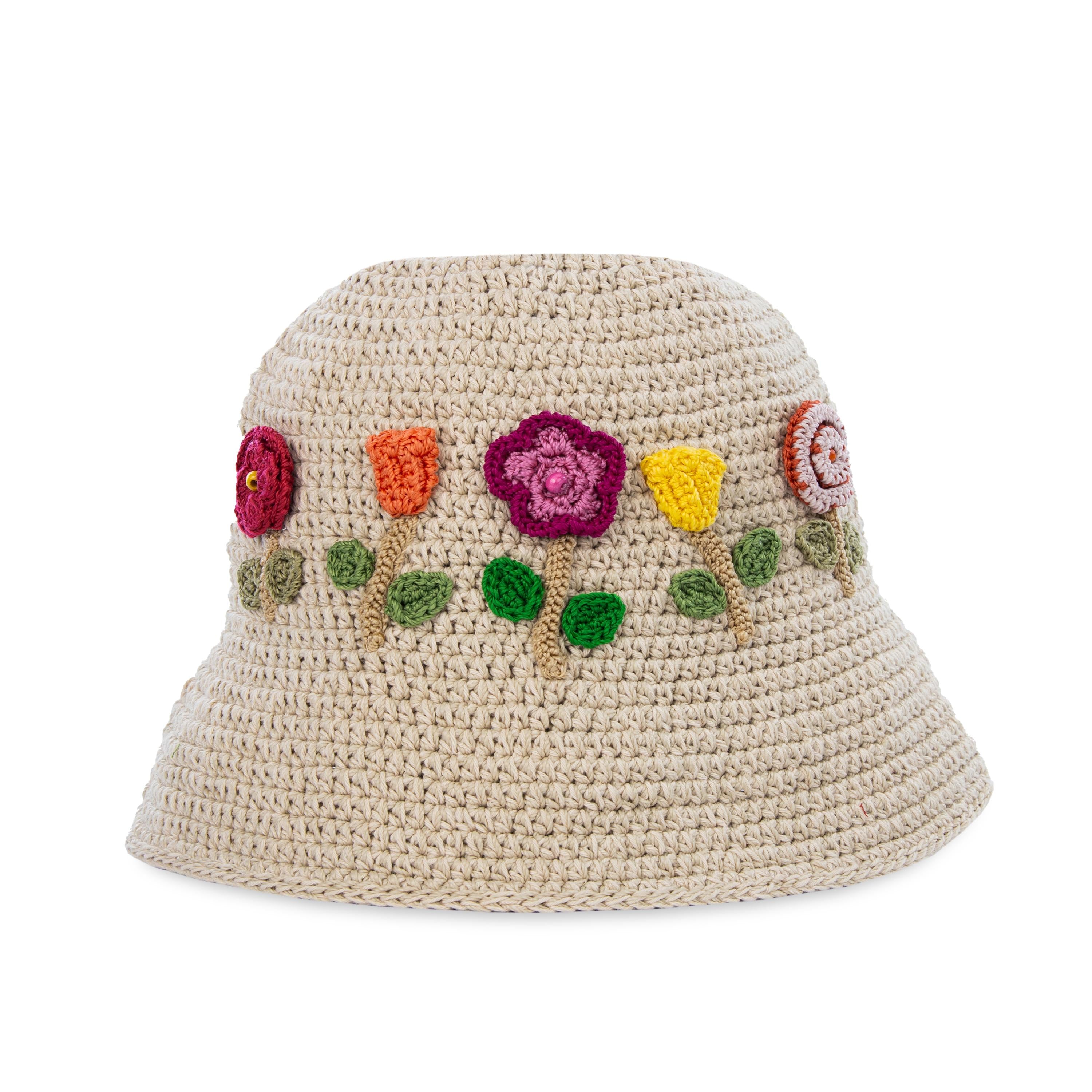 Lanie Hand Crochet Bucket Hat with Flower Design in Ecru - Perfect for Beach, Summer Outfits, and Outdoor Adventures