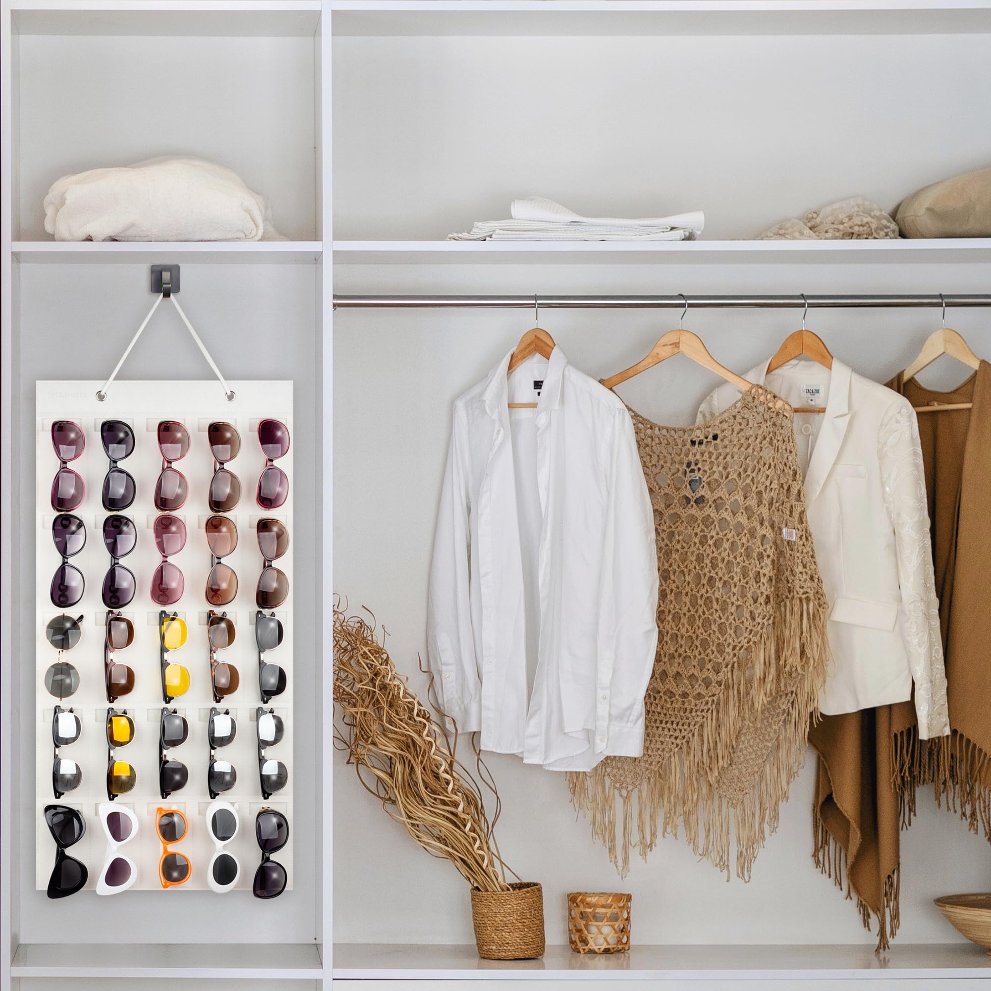 PACMAXI 25-Slot Sunglasses Storage Organizer - Wall Mounted Eyeglass Holder for Glasses & Sunglasses Display (Ivory White) | Perfect for Bedroom, Bathroom, Closet & Retail Store Organization