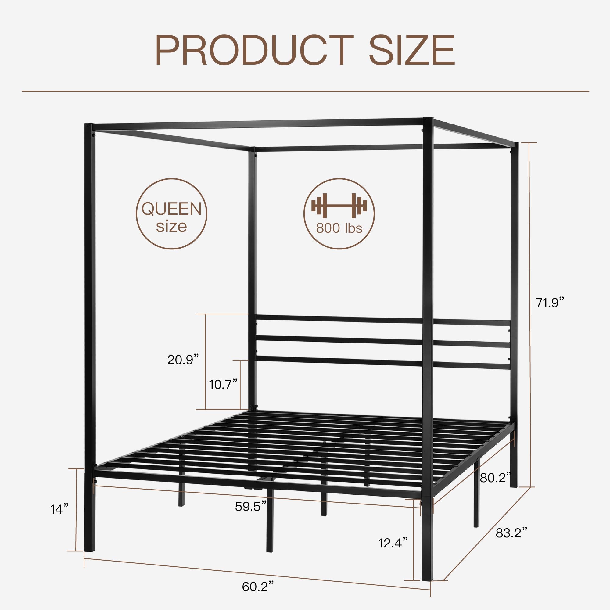 ikalido Queen Size Metal Canopy Bed Frame - Modern Four Poster Platform Bed with Mattress Foundation & Under Bed Storage | No Box Spring Needed | Black | Perfect for Master Bedrooms, Guest Rooms & Modern Apartments