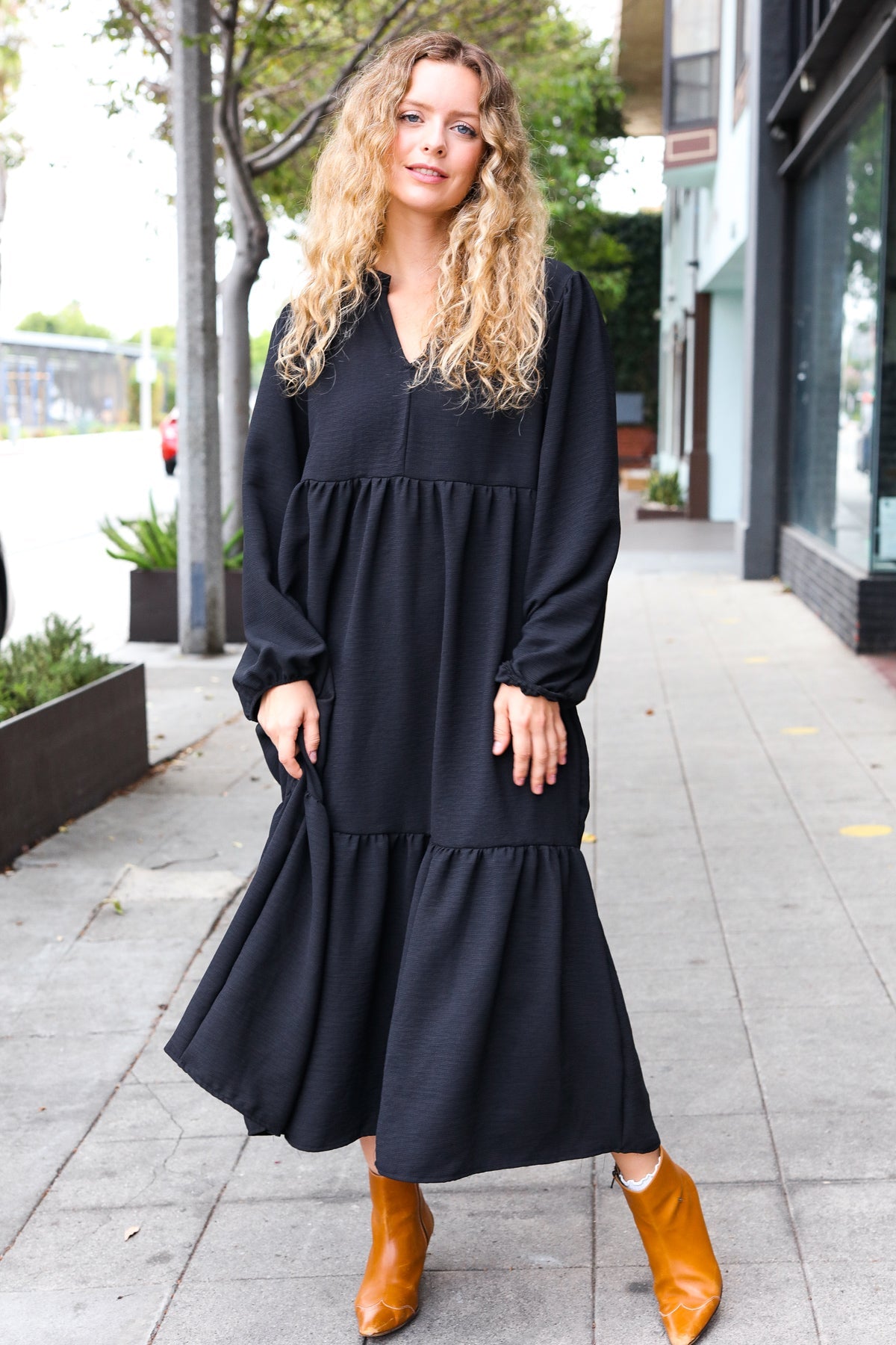 Elegant Black Notched Neck Frill Hem Tiered Maxi Dress for Women - Perfect for Weddings, Parties & Evening Events