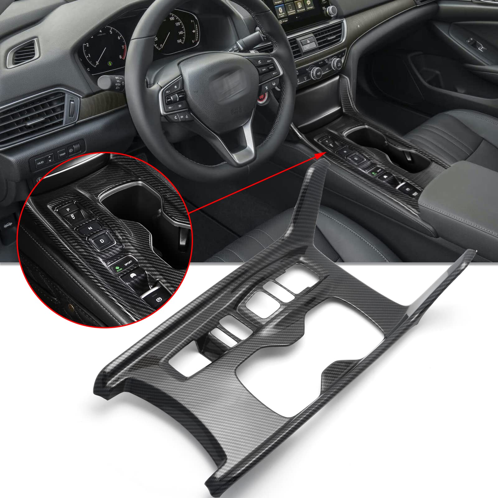 Carbon Fiber Gear Shift Frame Panel & Cup Holder Cover Trim for 2018-2022 Honda Accord 10th Gen (Hybrid) - Interior Console Upgrade Accessory - Perfect for Daily Commute & Road Trips