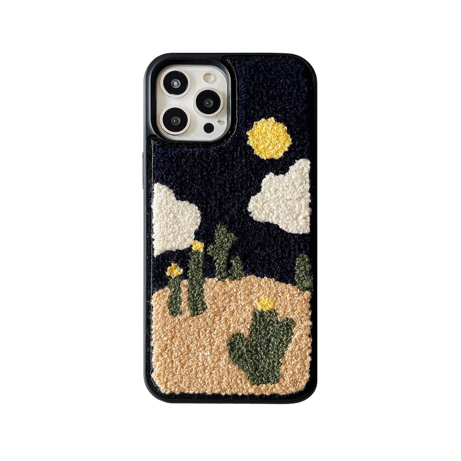 Cartoon Cactus Embroidered Phone Case for iPhone 11 Pro Max (6.5 Inch) - Floral Stitched Protective Cover with Soft Fluffy Design, Perfect Gift for Women & Girls | Ideal for Everyday Use, Travel, and Fashion Accessories