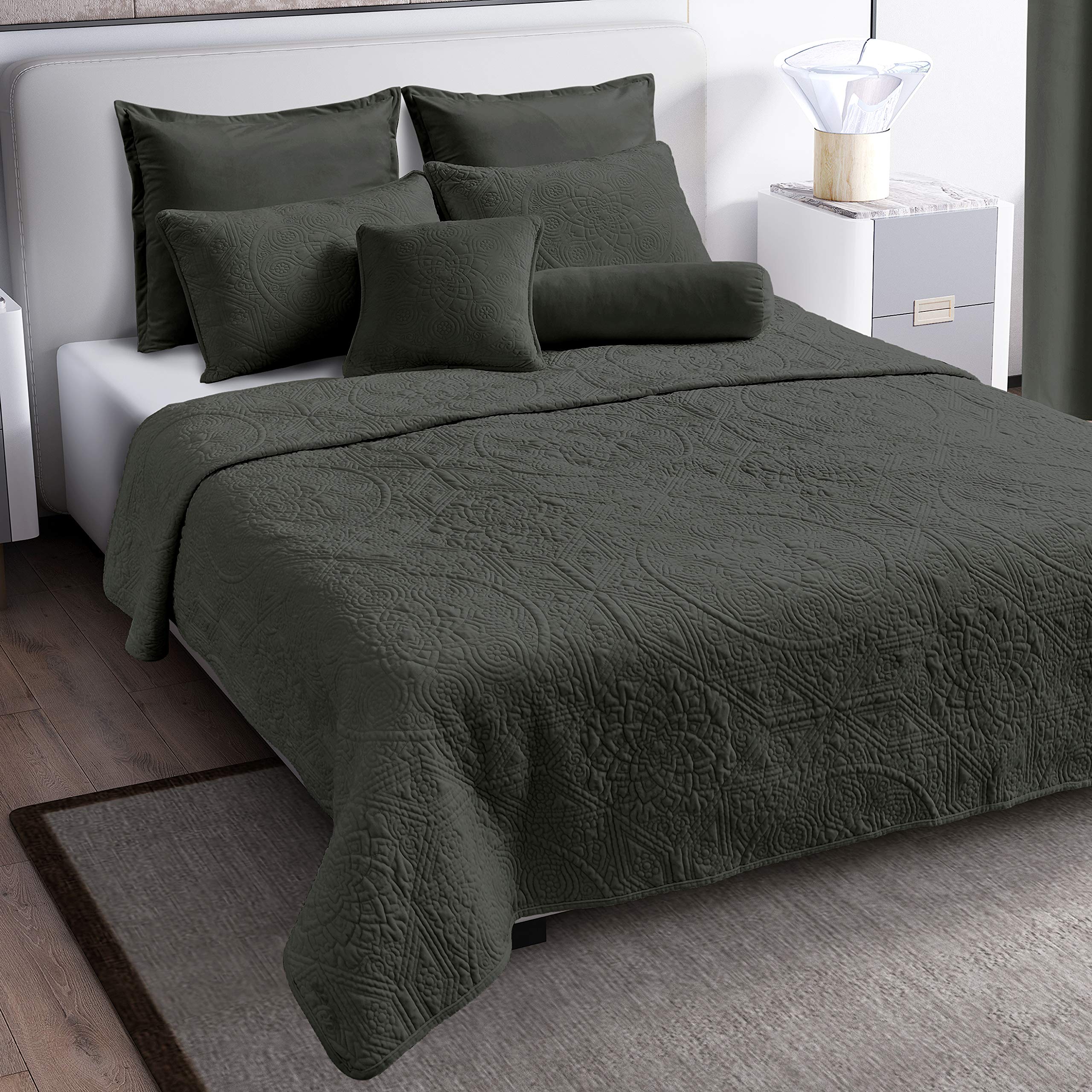 Luxury Velvet Quilt Set 7-Piece King Size - Premium Heavyweight Velvet Bedding with Cotton Backing & Batting - Dark Gray Comforter Set for Master Bedroom Elegance