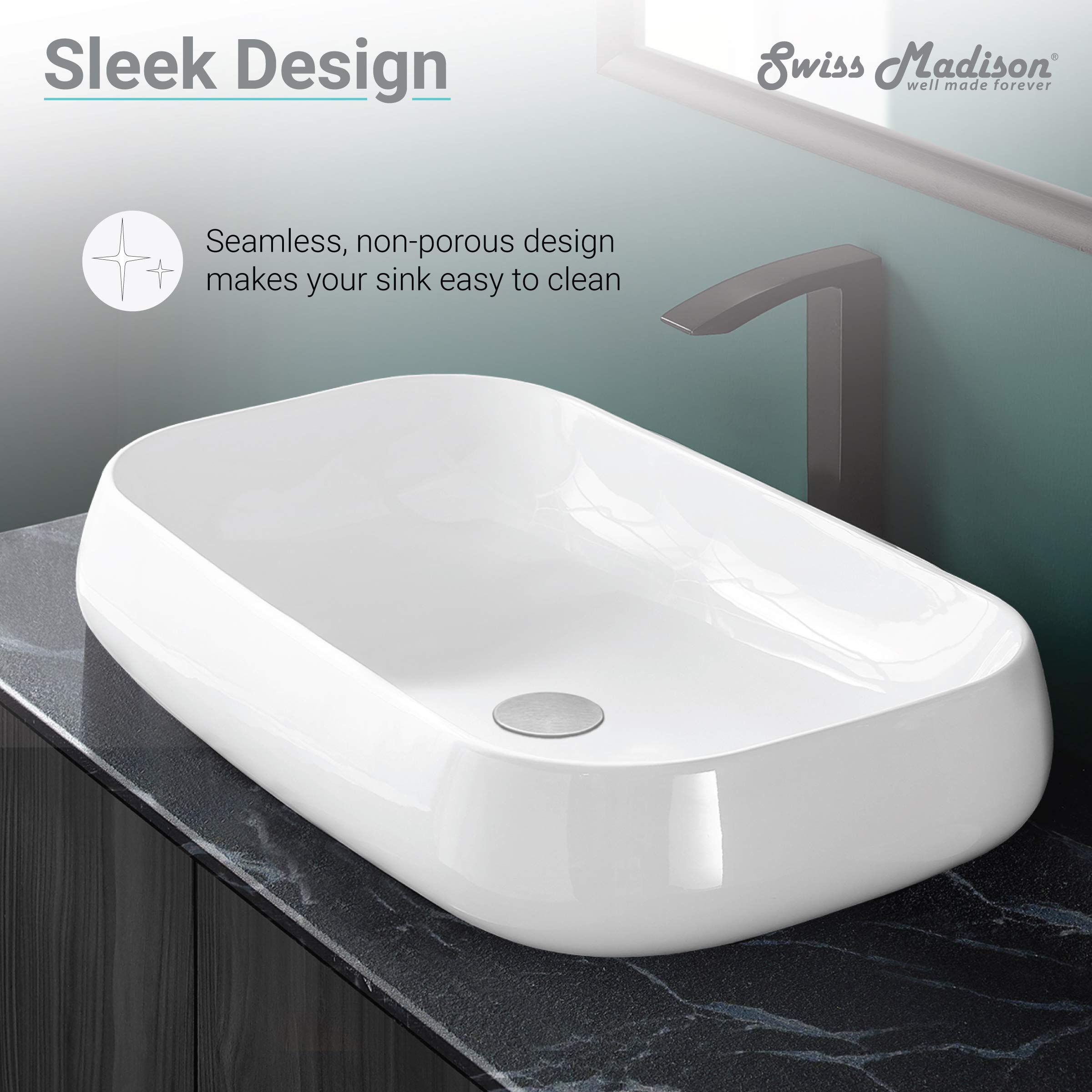 Swiss Madison SM-VS275 28-Inch White Ceramic Vessel Bathroom Sink - Modern Above Counter Basin for Vanity, Powder Room & Luxury Bathroom Decor