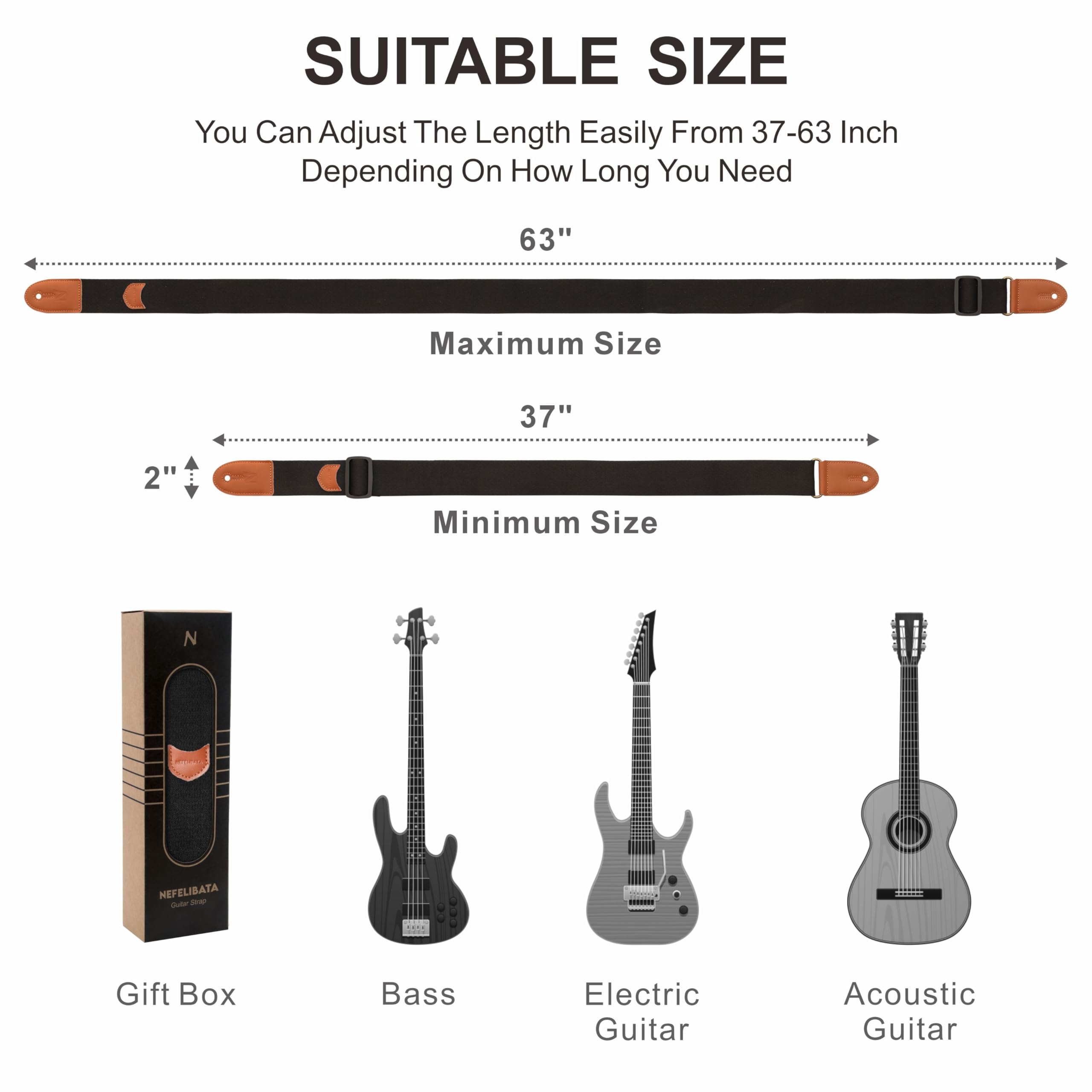 Premium Nefelibata Guitar Strap - 100% Cotton with Full Grain Leather Ends for Bass, Electric & Acoustic Guitars - Includes Pick Pocket, Free Strap Button, 1 Pair Strap Locks & 4 Guitar Picks (Black) - Perfect for Live Performances, Studio Recording & Practice Sessions