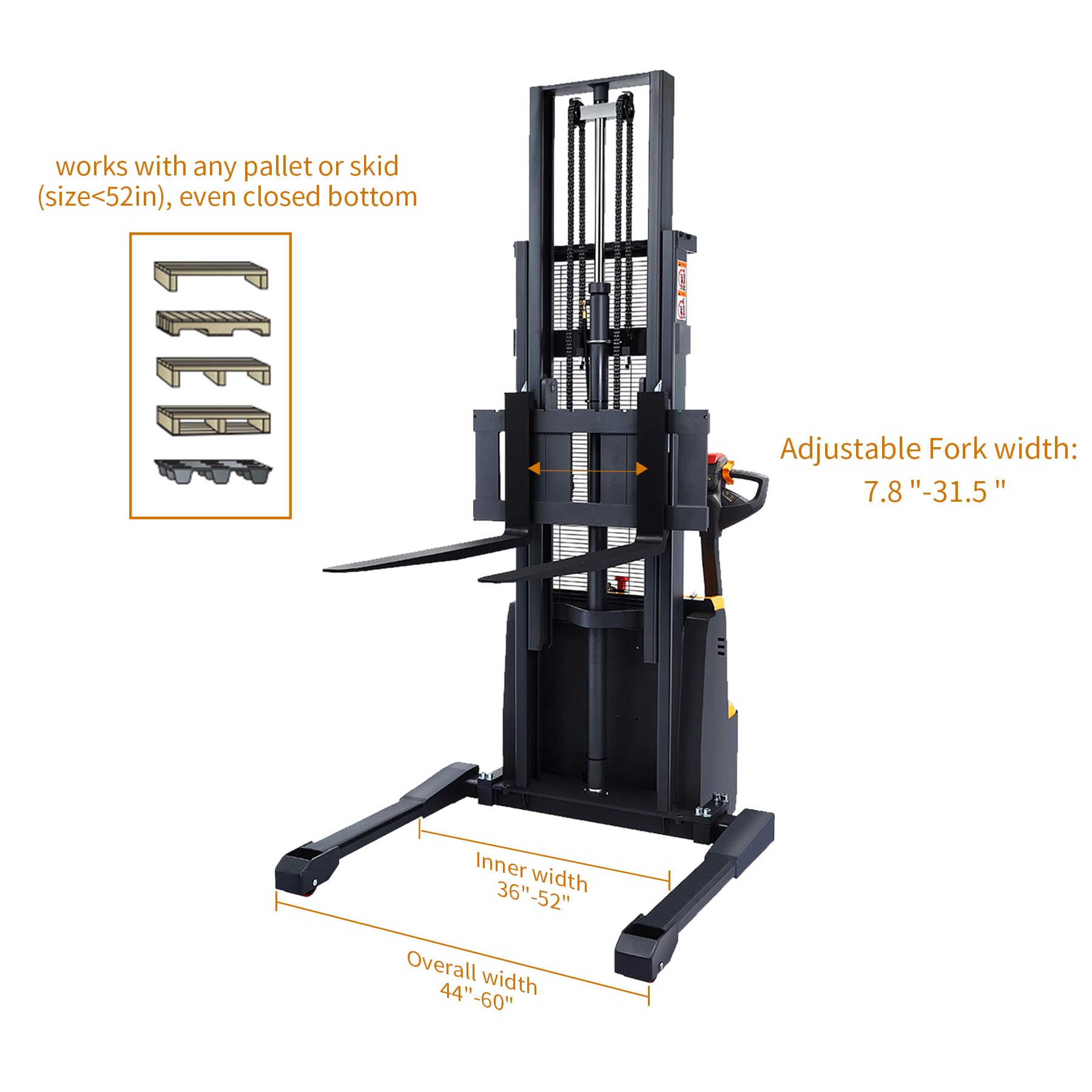 APOLLO 3300lbs Electric Stacker Forklift - Adjustable Forks & Legs, 98'' Lifting Height - Narrow Space Warehouse & Factory Material Lifter | Ideal for Pallet Handling, Loading Docks & Tight Storage Areas