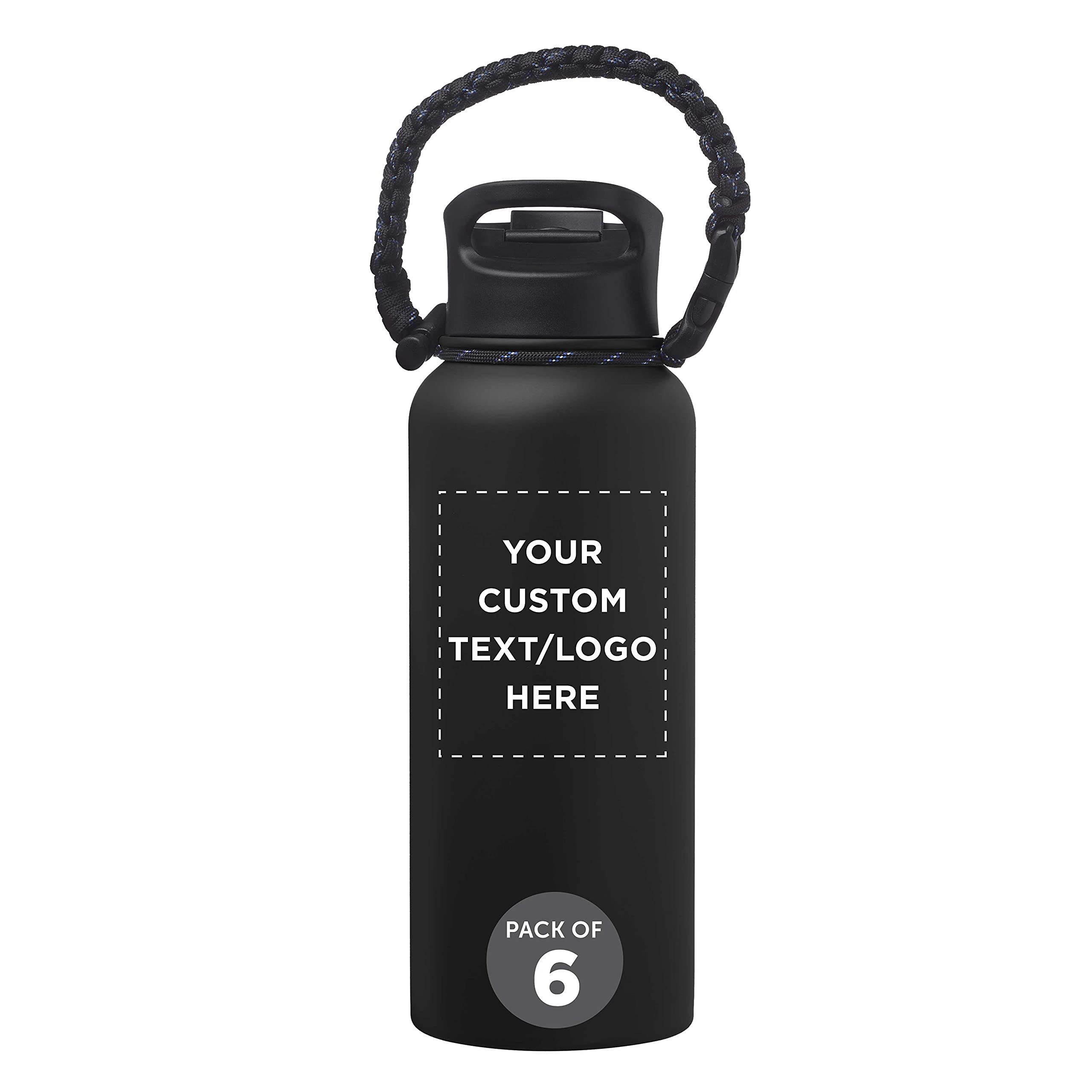 6 Pack Vulcan Stainless Steel Water Bottles 34oz with Strap - Double Wall Vacuum Insulated, Custom Text & Logo - Black - Perfect for Gym, Hiking, Camping & Outdoor Activities