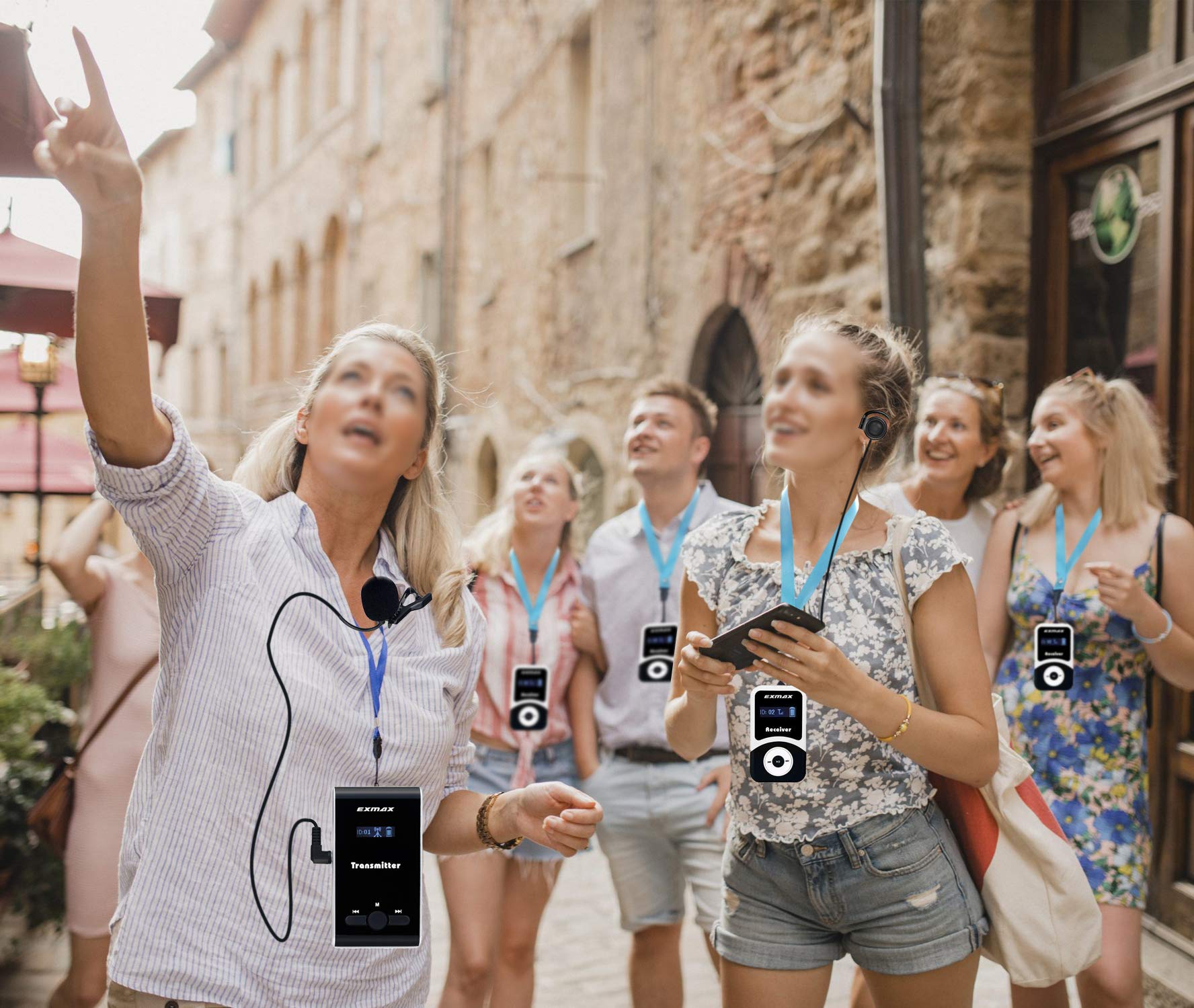 EXMAX EX-100 Wireless Tour Guide System - 1 Transmitter & 15 Receivers with Microphone & Headset for Church, Teaching, Conference, Travel Interpretation - Perfect for Simultaneous Translation, Silent Events & Group Tours